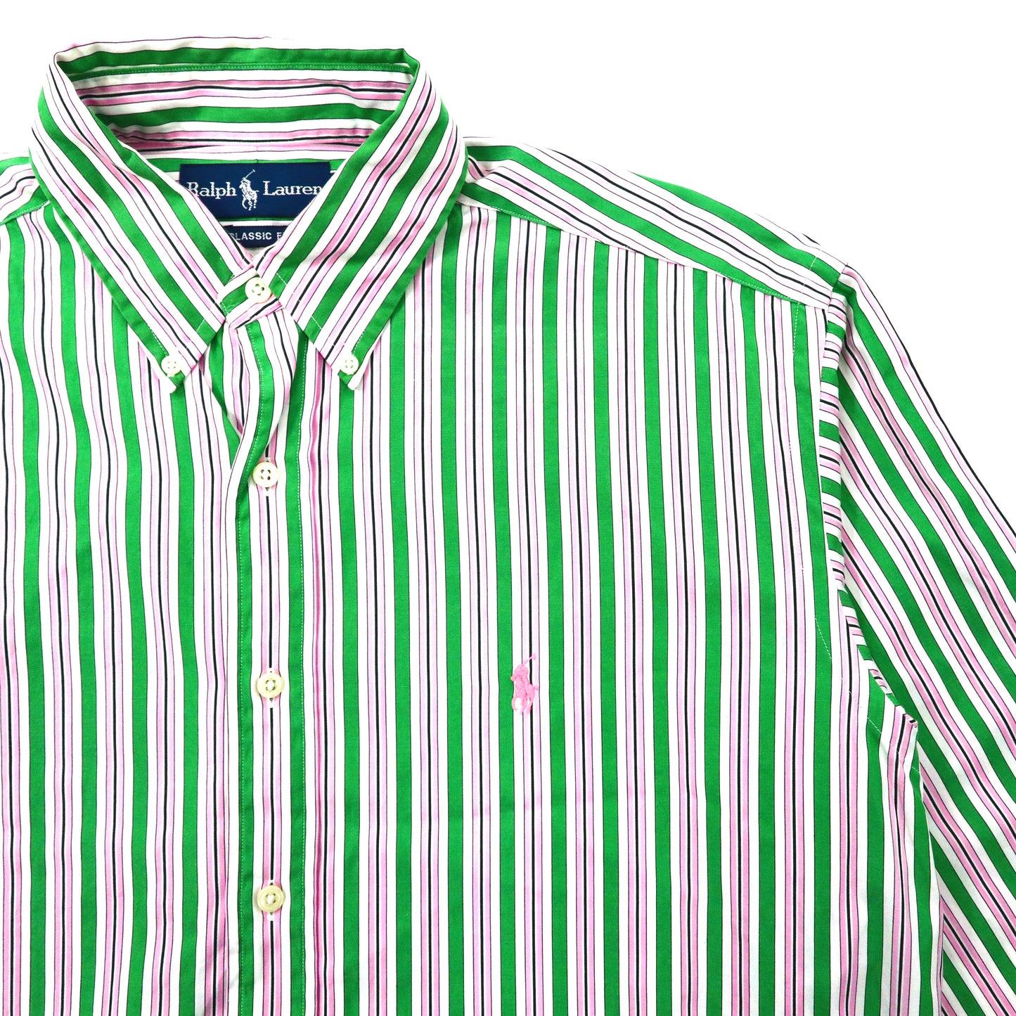 Ralph Lauren ビッグサイズ ボタンダウンシャツ M グリーン ピンク マルチストライプ コットン CLASSIC FIT スモールポニー刺繍