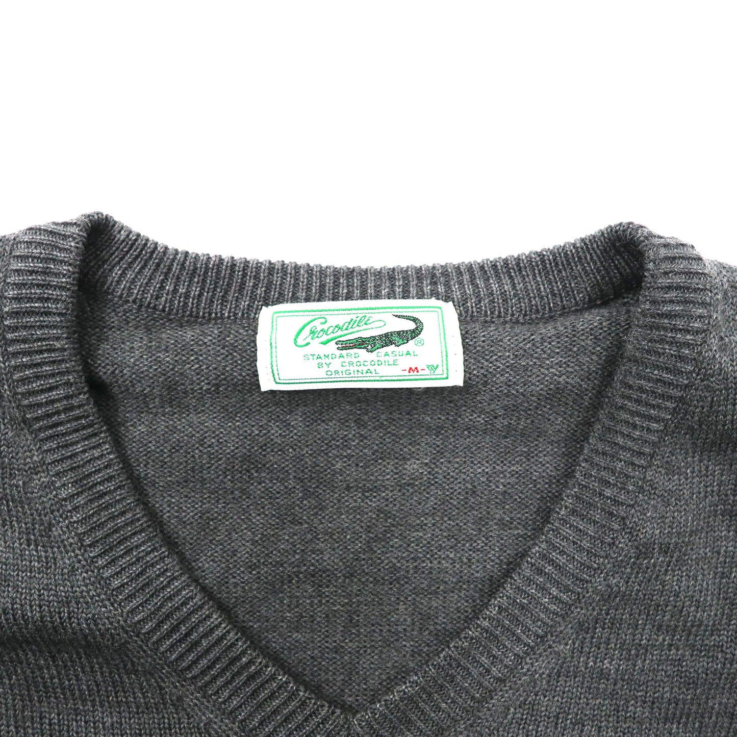 Crocodile Vネックニット セーター M グレー ウール ワンポイントロゴ刺繍