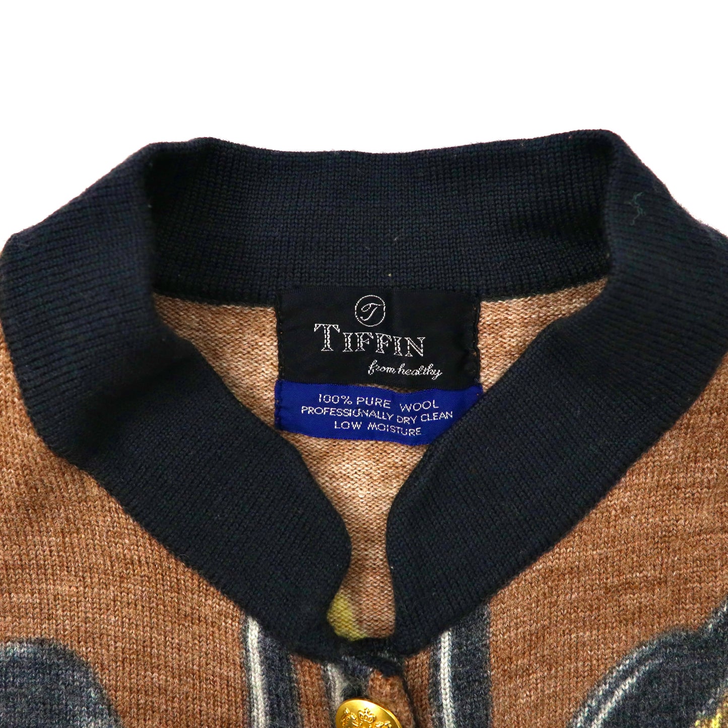TIFFIN レトロ 総柄ニットジャケット FREE ブラウン ウール 金ボタン 80年代 日本製