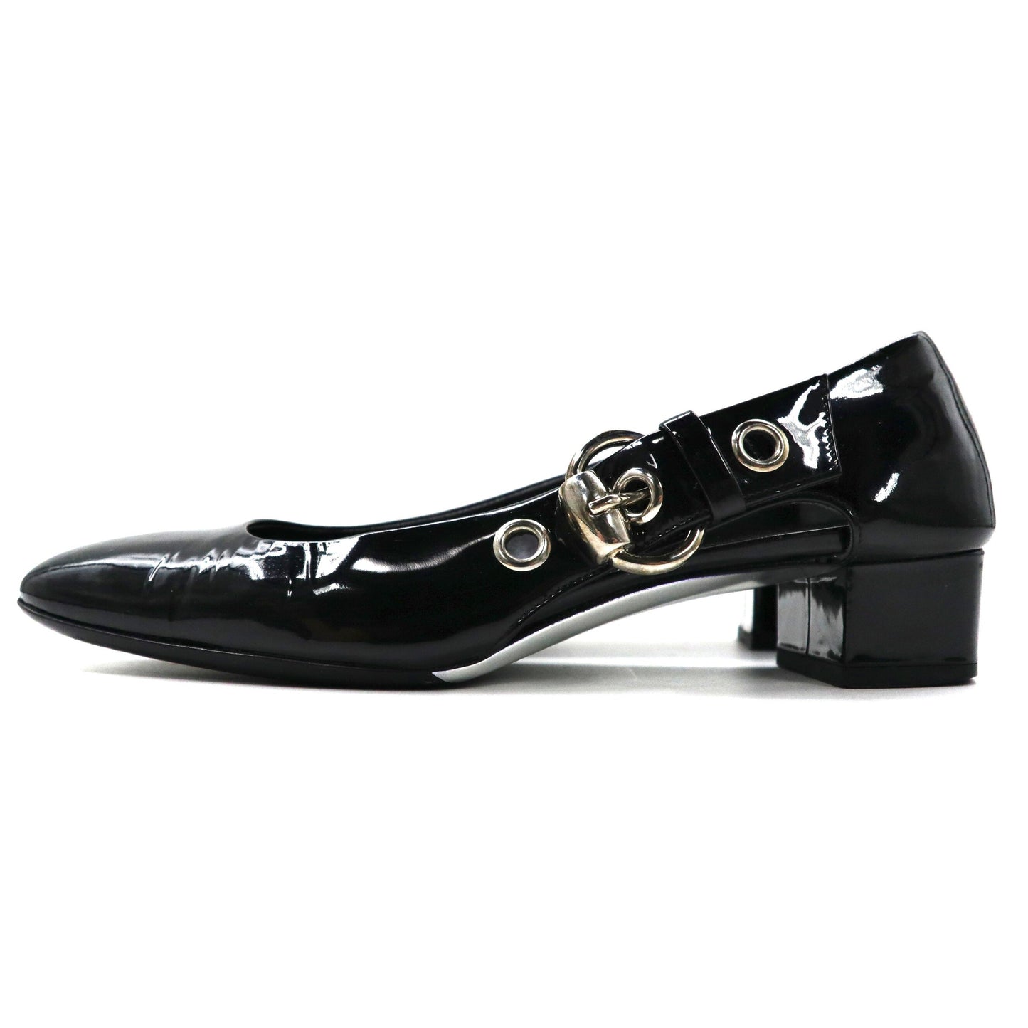 GUCCI Enamel Pumps US5.5 Black Belt Design 177121 Italian MADE 