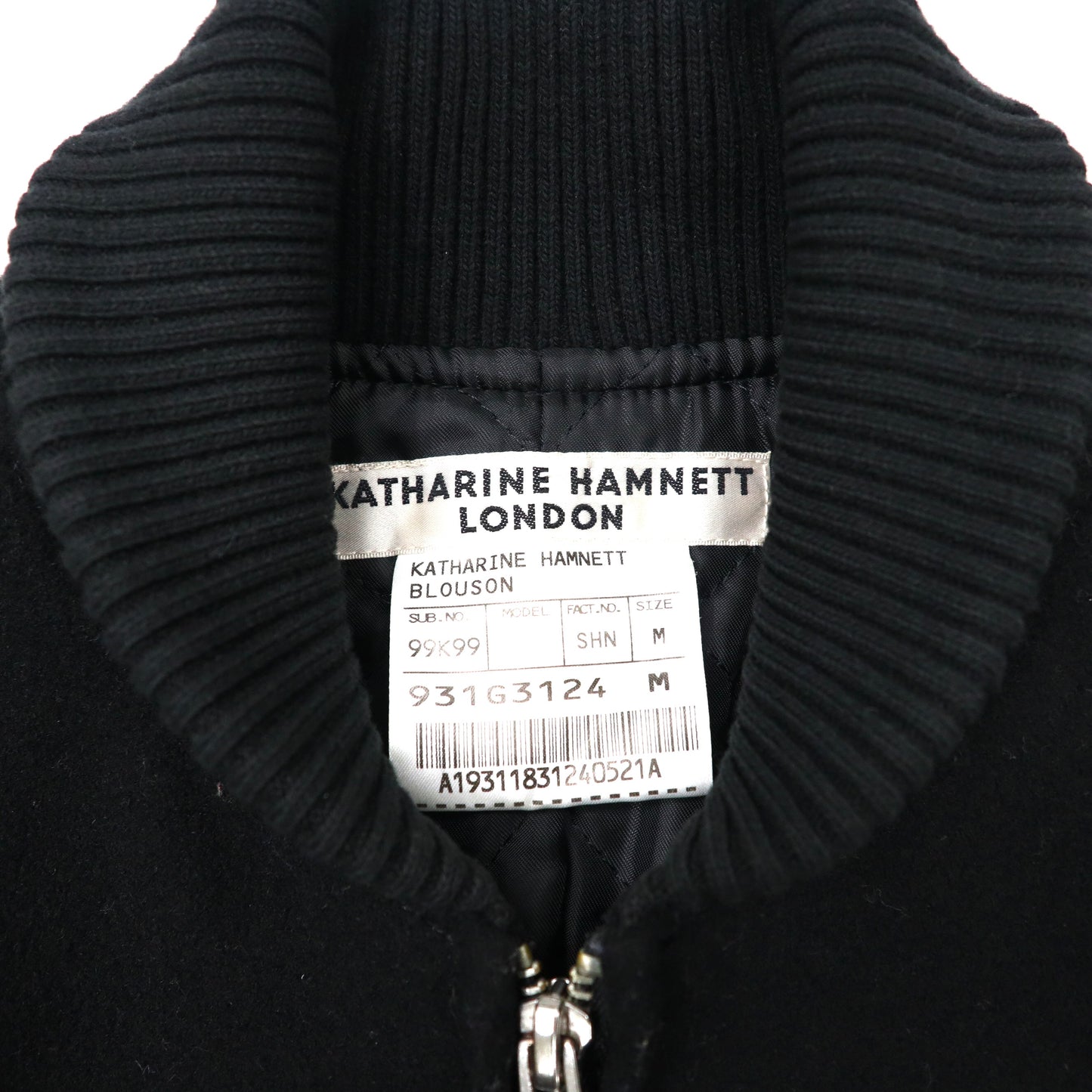 KATHARINE HAMNETT LONDON 袖レザー切替スタジャン M ブラック ウール 牛革 キルティングライナー THERMOLITE TALONジップ 90年代