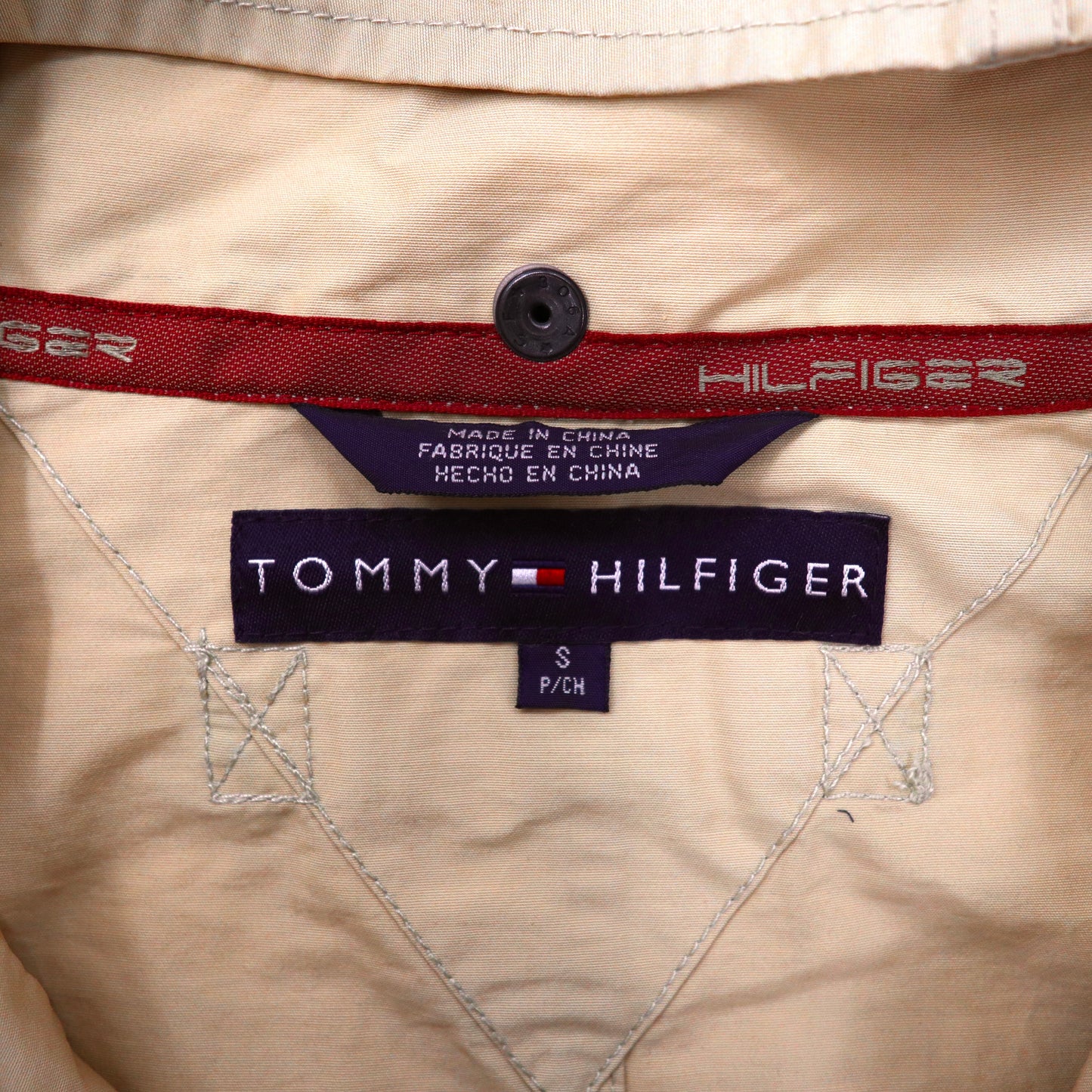 TOMMY HILFIGER フーデッドオーバーコート S ベージュ ナイロン ドローコード フード着脱式 00年代