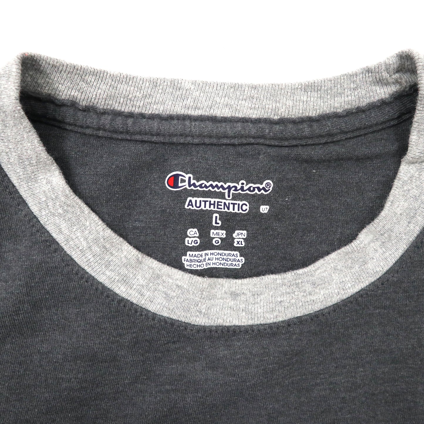 Champion ビッグサイズ リンガーTシャツ XL グレー コットン ワンポイントロゴ刺繍