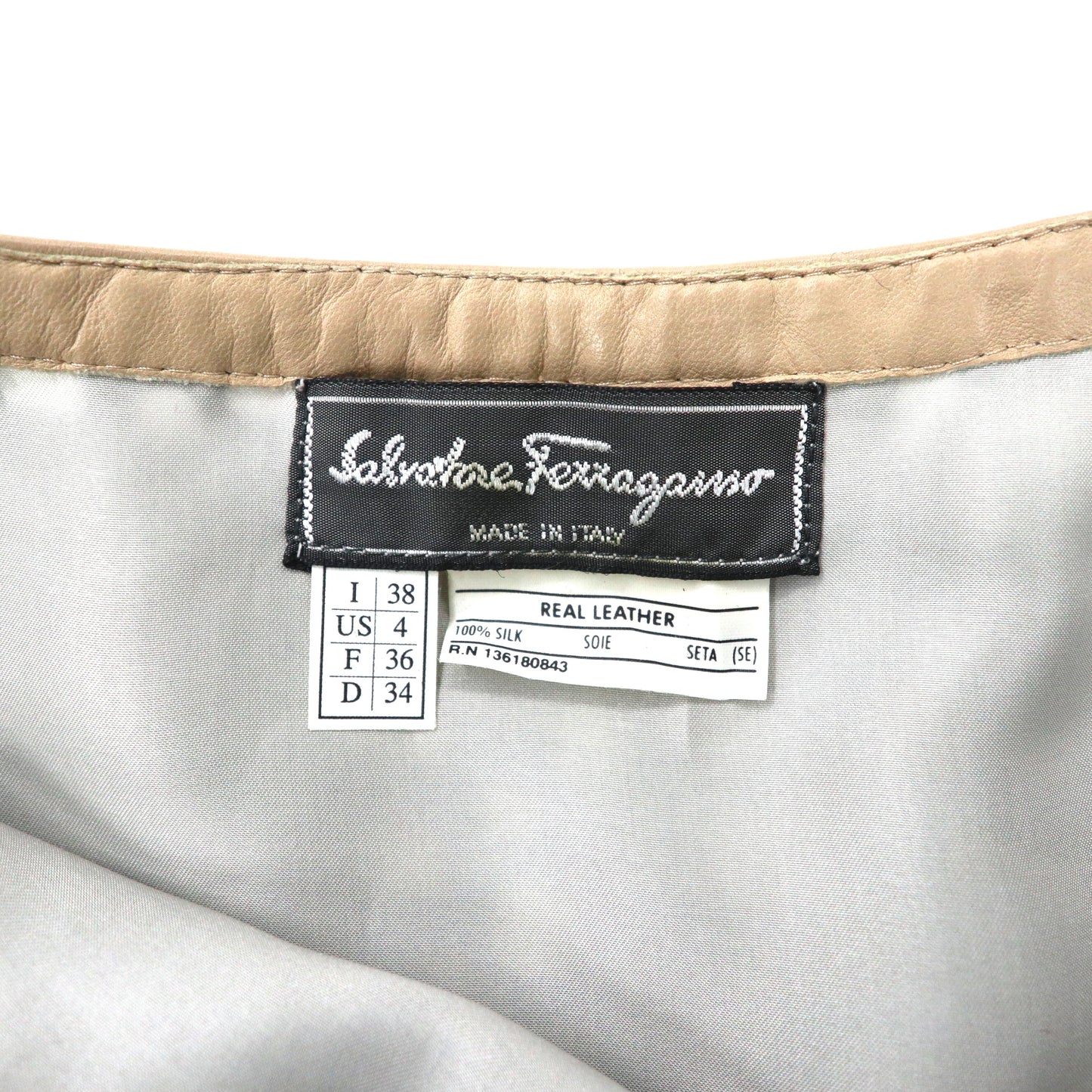Salvatore Ferragamo パンチング レザースカート 38 ブルー ベージュ シルク オールド イタリア製