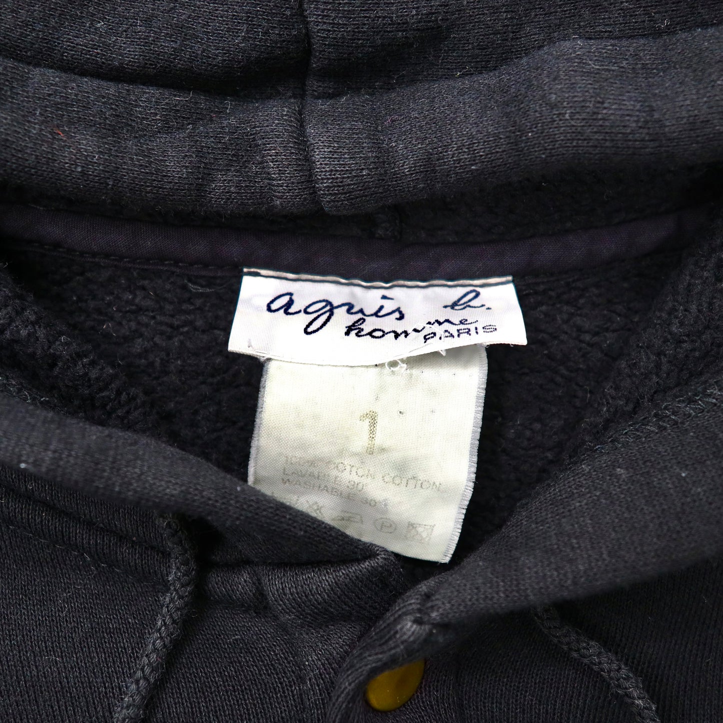 agnes b. homme フード付 カーディガンプレッション 1 ブラック コットン 裏起毛 スナップボタン 日本製