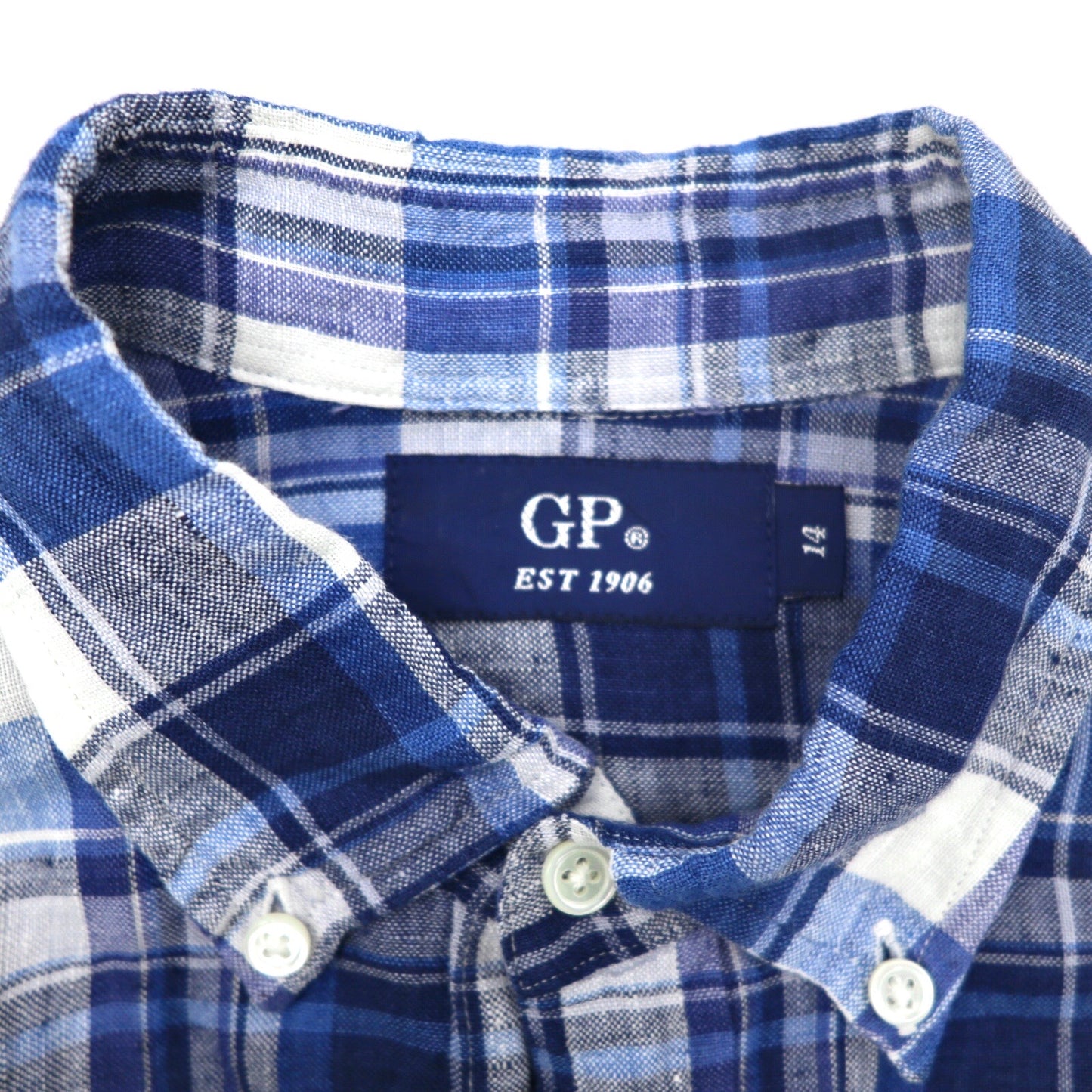 Gymphlex ボタンダウンシャツ 14 ブルー リネン チェック ロゴ刺繍