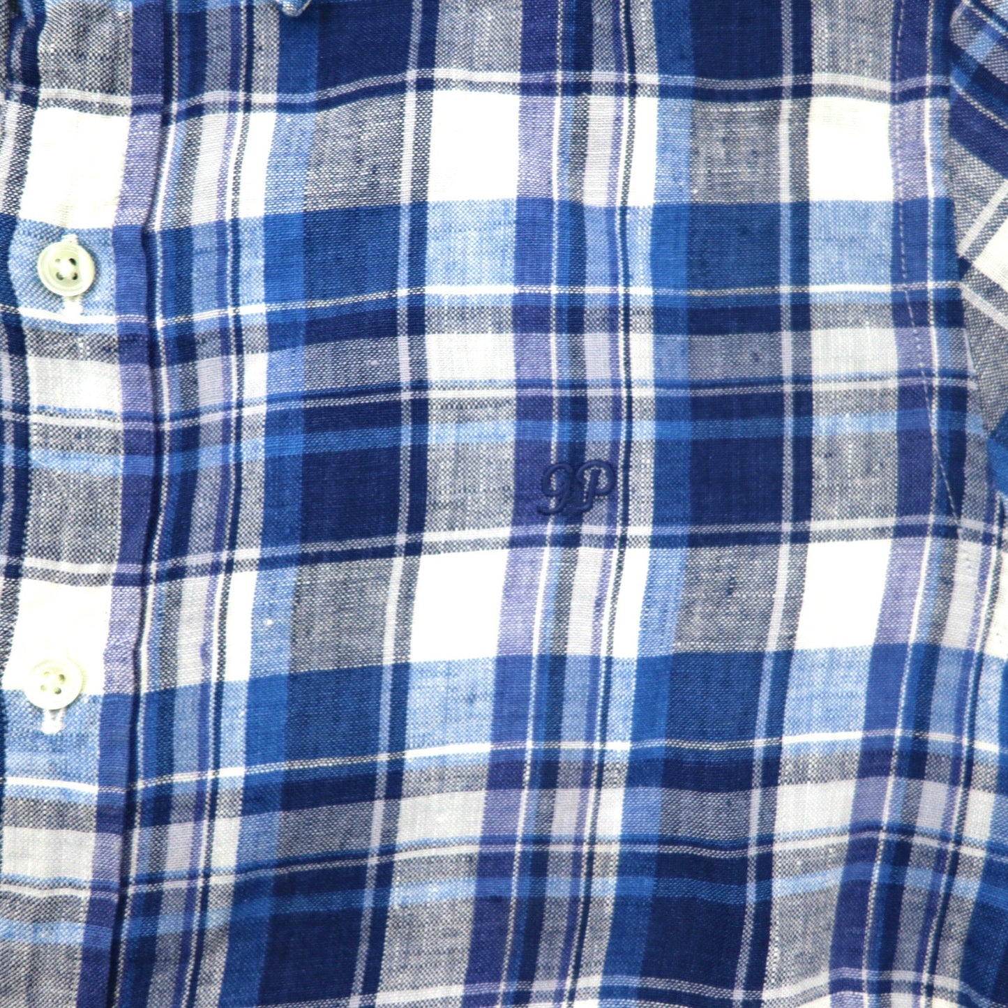 Gymphlex ボタンダウンシャツ 14 ブルー リネン チェック ロゴ刺繍