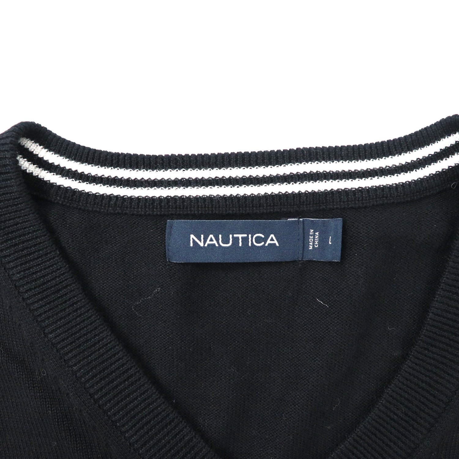 NAUTICA Vネックニット セーター L ブラック コットン ワンポイント