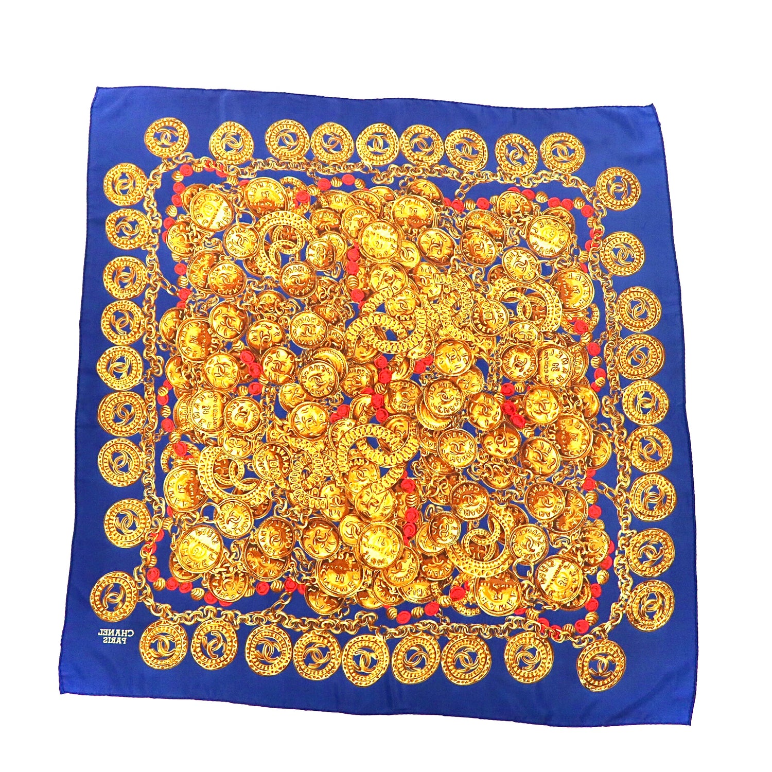 △ CHANEL Scarf Navy Gold Silk Patterned Coco Mark Chain Jewelry