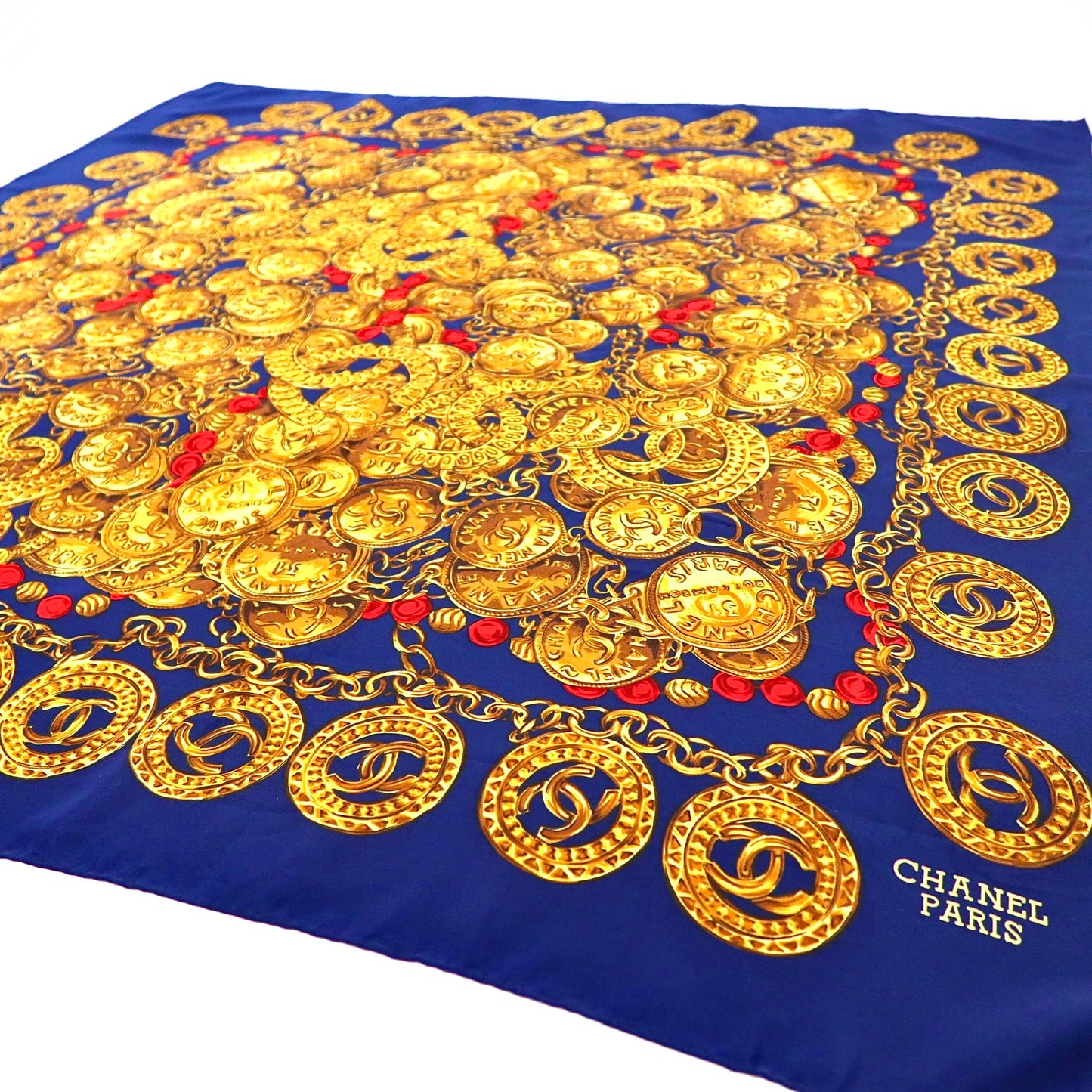 △ CHANEL Scarf Navy Gold Silk Patterned Coco Mark Chain Jewelry