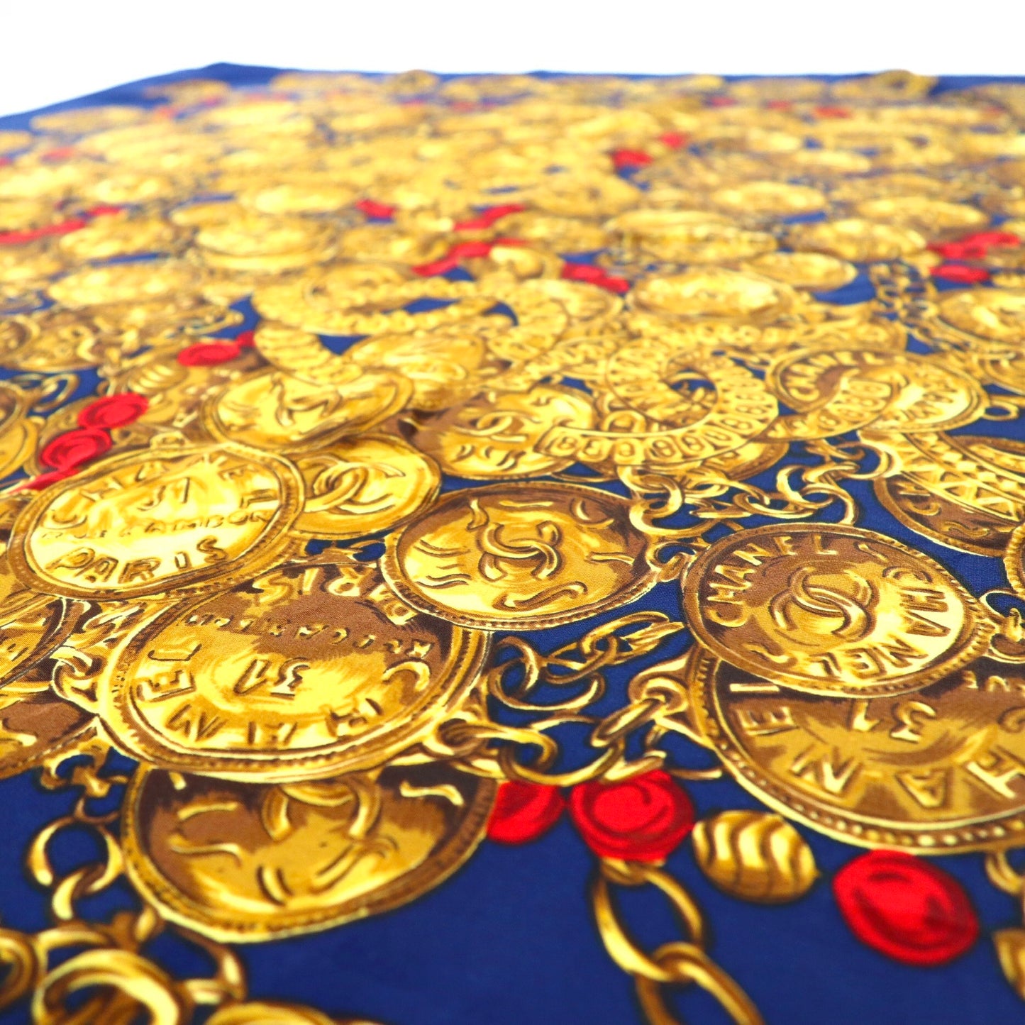 △ CHANEL Scarf Navy Gold Silk Patterned Coco Mark Chain Jewelry 
