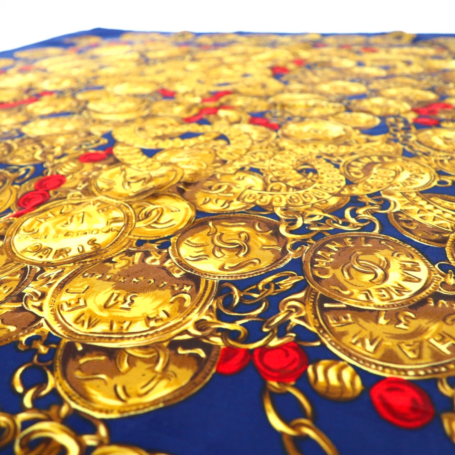 △ CHANEL Scarf Navy Gold Silk Patterned Coco Mark Chain