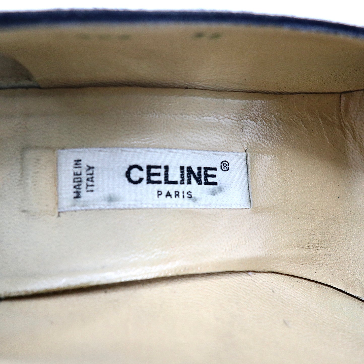 CELINE チャンキーヒールパンプス 22.5cm ブラック スエードレザー ロゴプレート オールド イタリア製