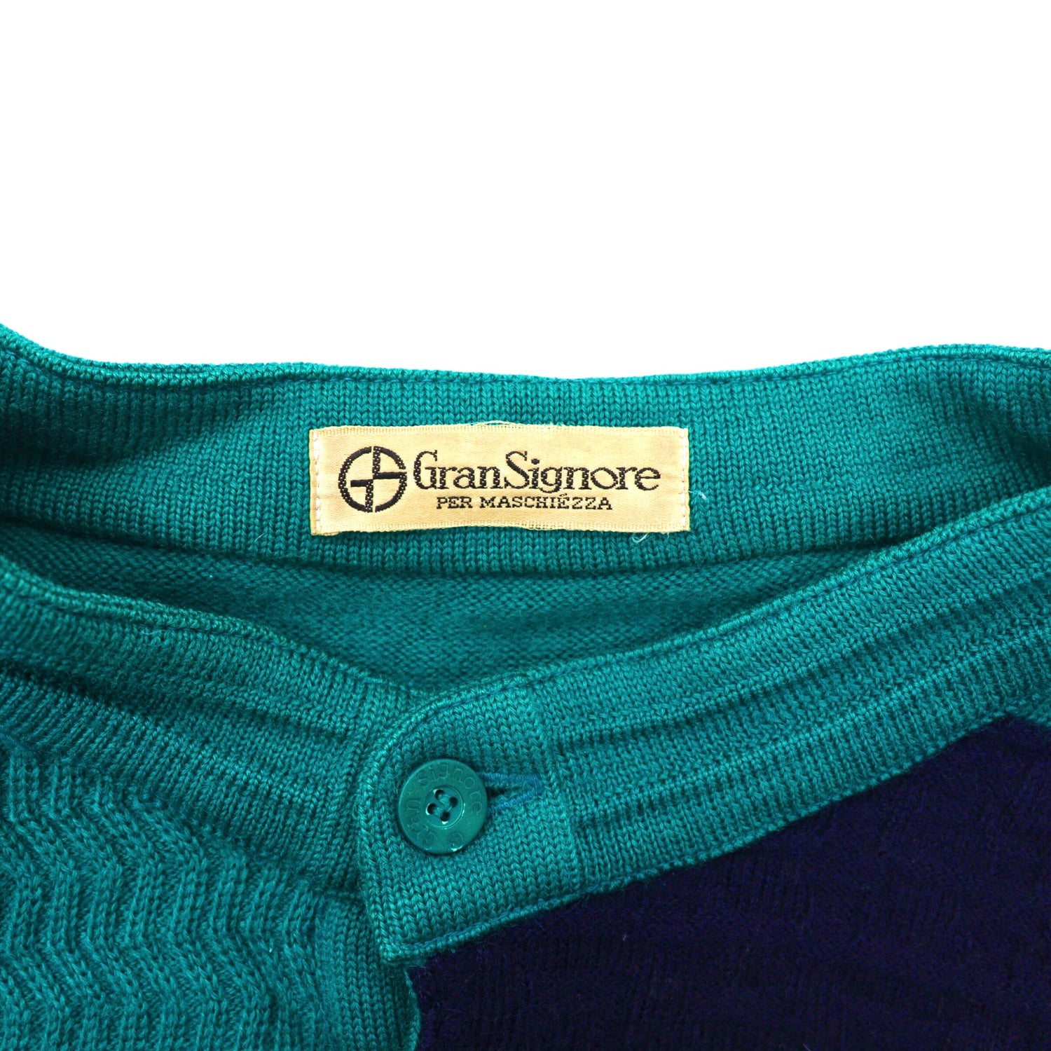 GRAN SIGNORE Henry Neck Knit Sweater L Green Striped Wool Japan