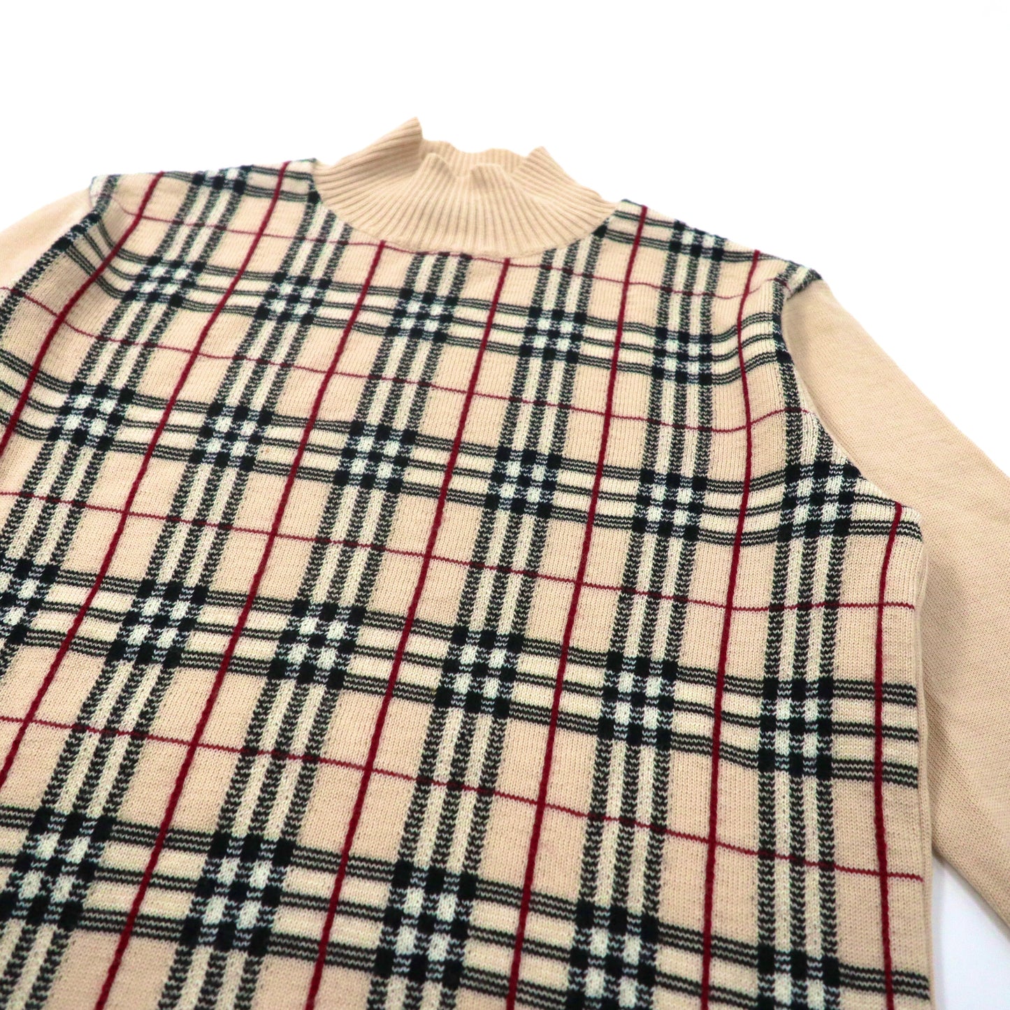 BURBERRY High Neck Knit Sweater M Beige CHECKED Wool Cashmere 