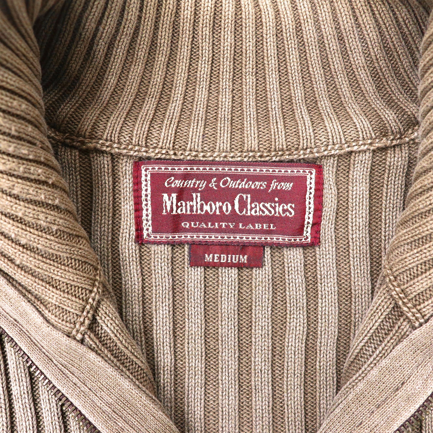 Marlboro Classics フルジップ コマンドニット セーター M カーキ コットン ヴィンテージ加工 90年代