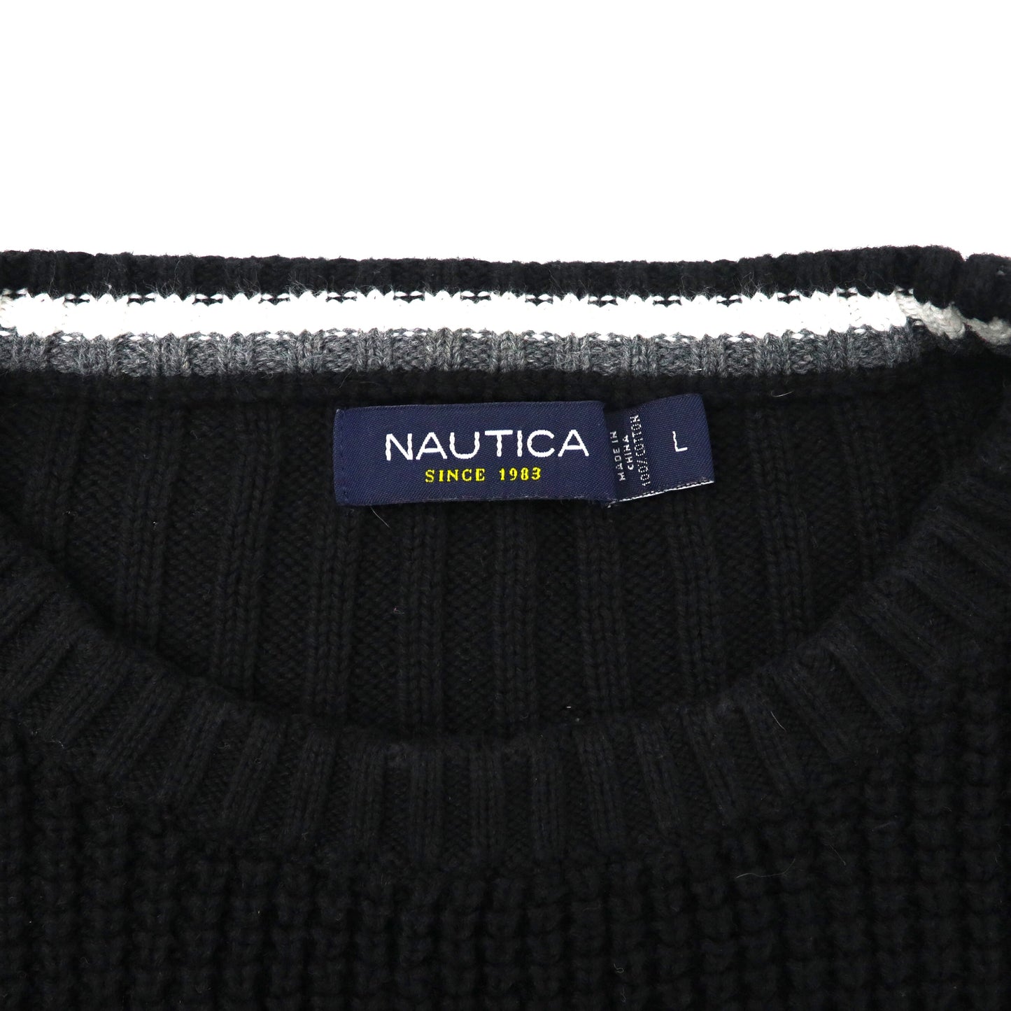NAUTICA ワッフル編みニット セーター L ブラック コットン ワンポイントロゴ