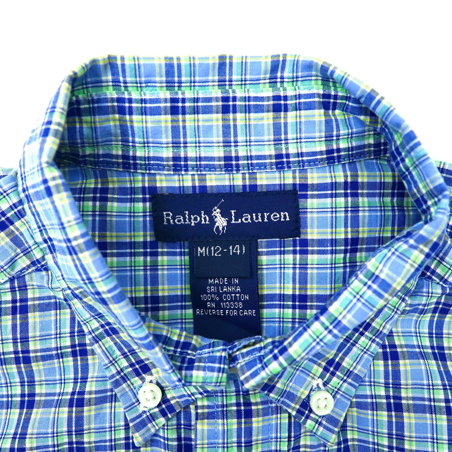 Ralph Lauren 半袖ボタンダウンシャツ M ブルー チェック コットン スモールポニー刺繍 スリランカ製