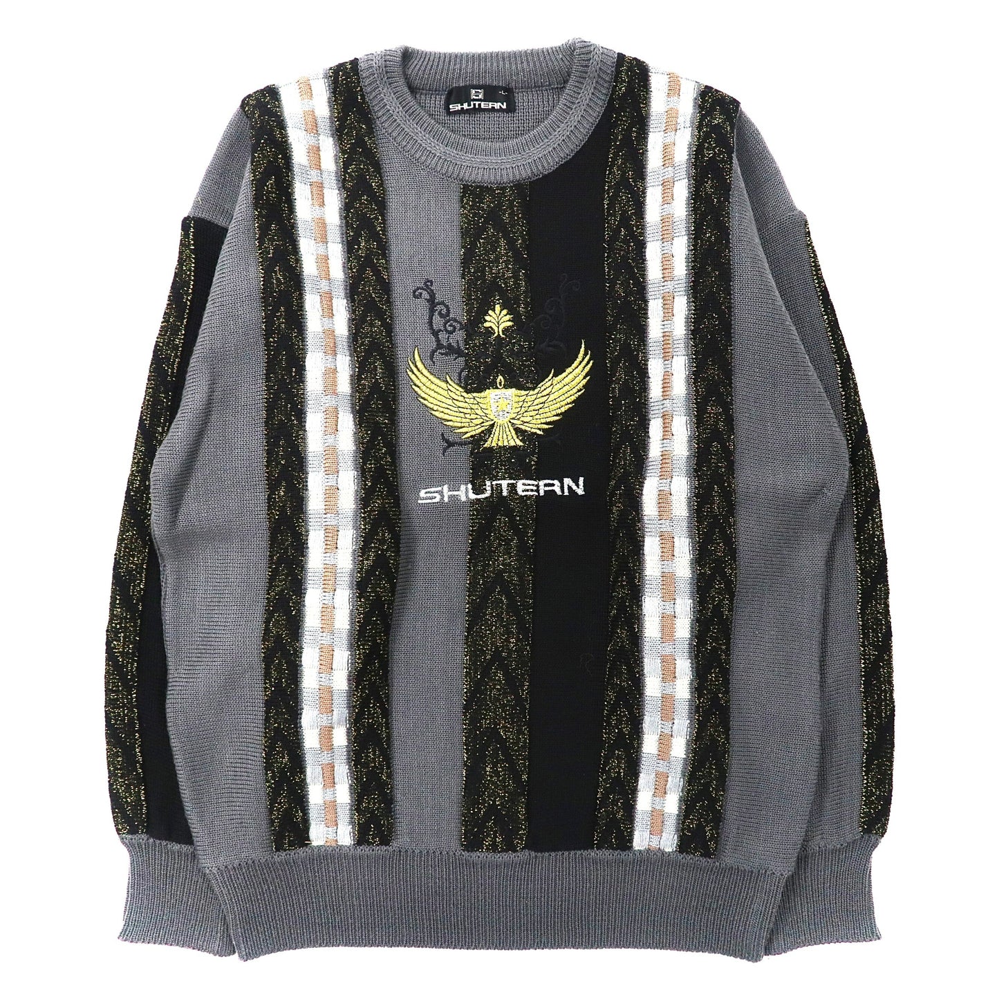 SHUTERN レトロニット セーター L グレー アクリル ストライプ 刺繍 90年代