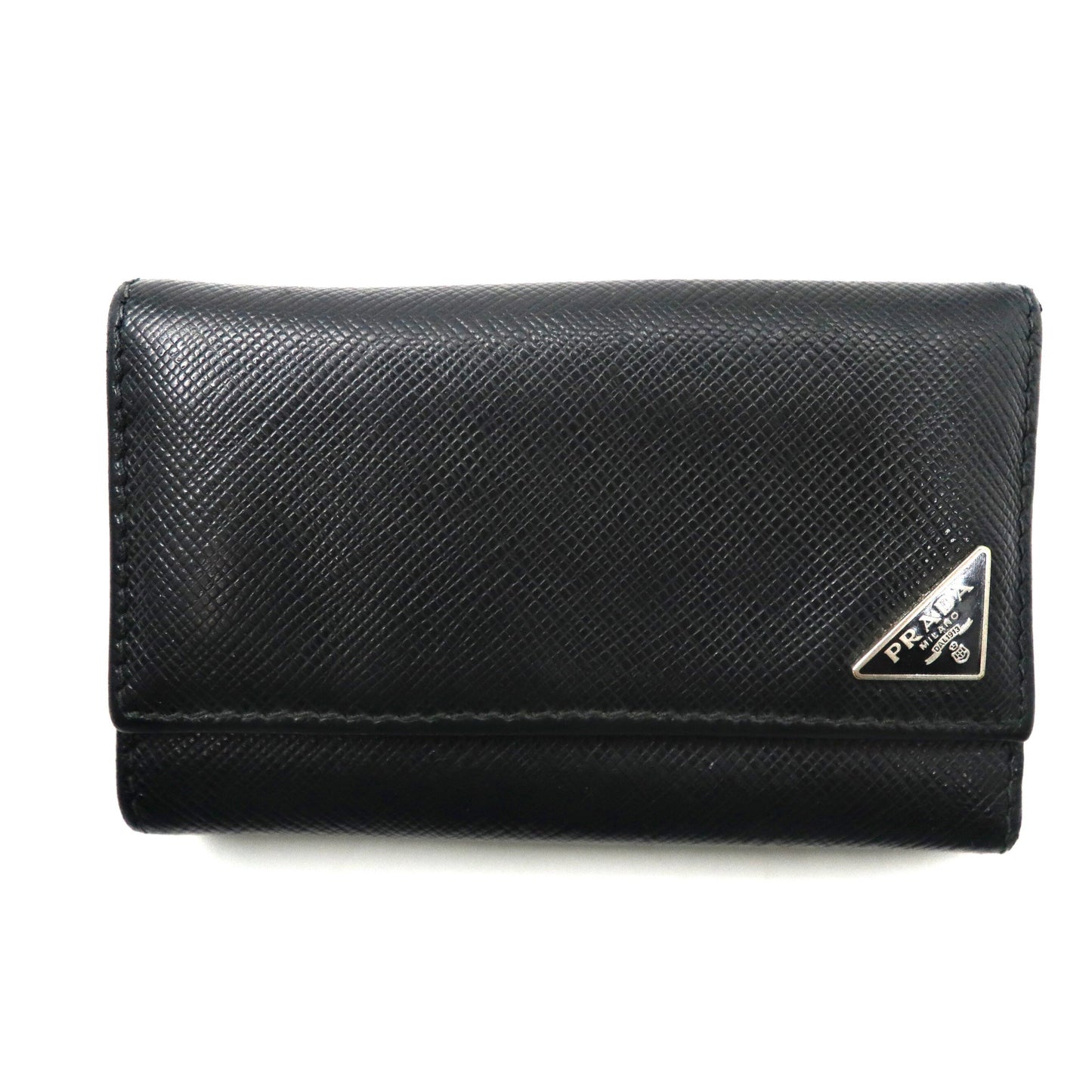 PRADA 6 Key Case Black Nero Leather Safiano Saffiano Triangle 