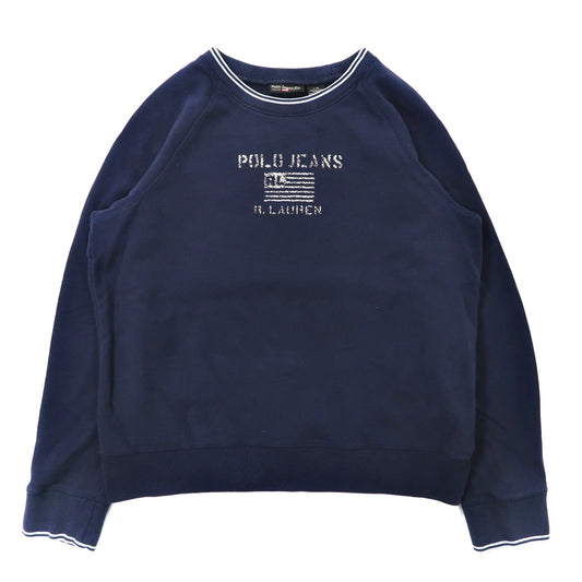 日本然リトテ-古着オンライン-Polo Jeans Co. RALPH LAUREN リブライン ロゴプリント スウェット L ネイビー コットン 裏起毛 星条旗 90年代-