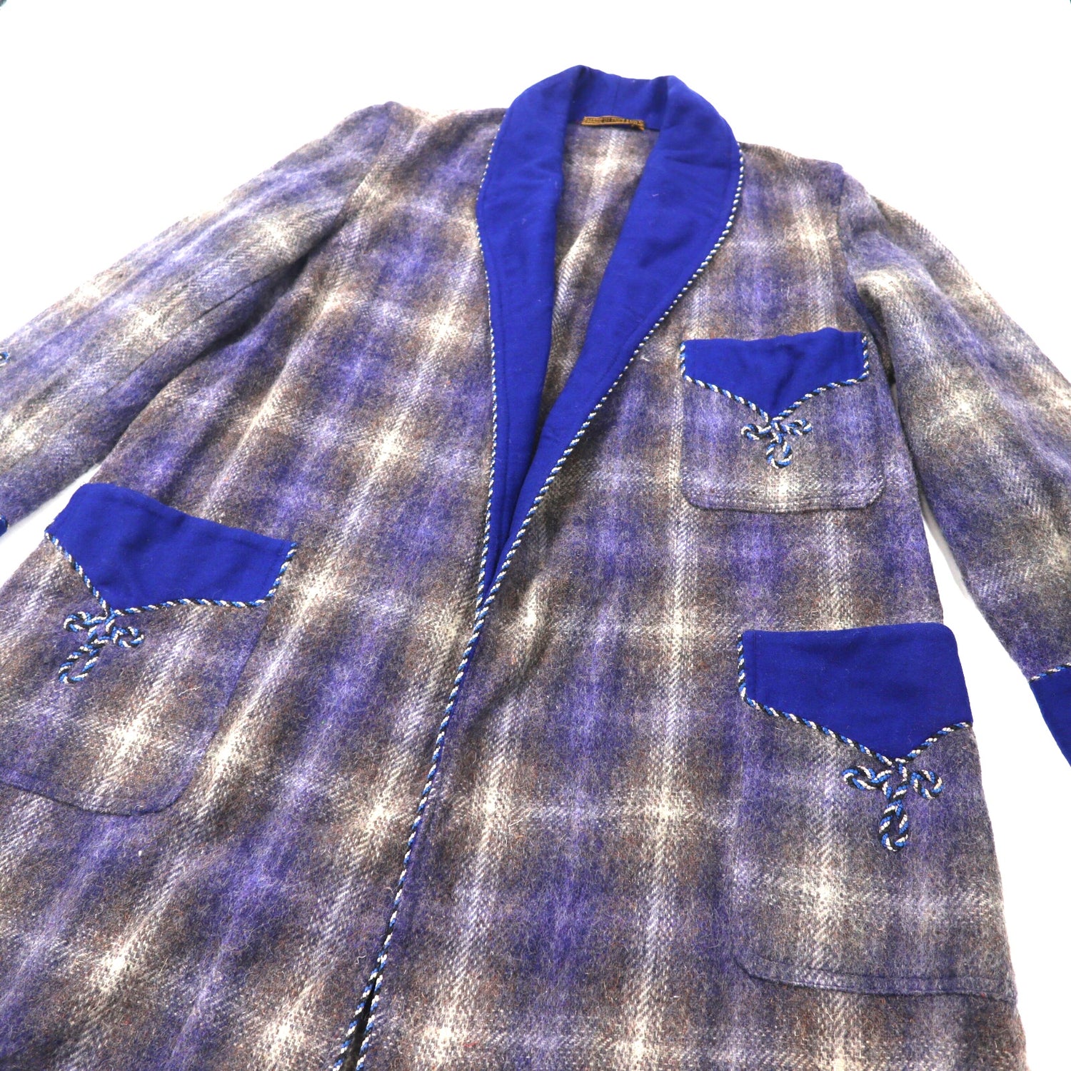 Vintage Gown coat F Blue Checked Wool Embroidery Made in England 