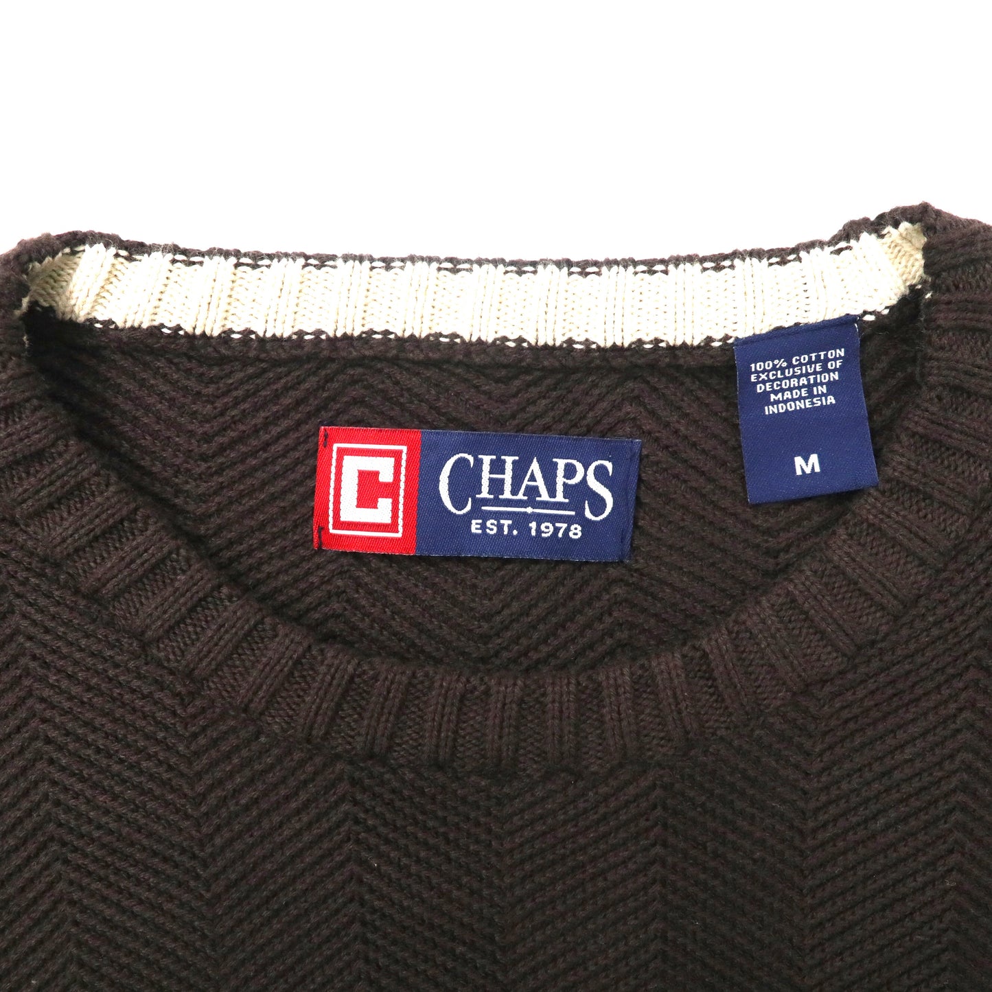 CHAPS ビッグサイズ ヘリンボーン ニット セーター M ブラウン コットン ワンポイントロゴ刺繍