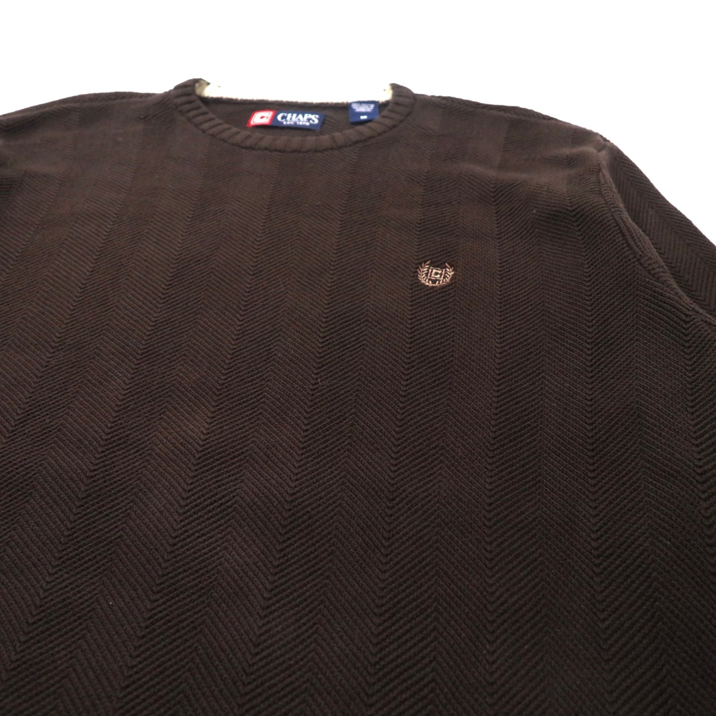CHAPS ビッグサイズ ヘリンボーン ニット セーター M ブラウン コットン ワンポイントロゴ刺繍