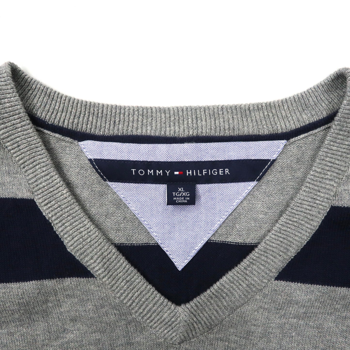 TOMMY HILFIGER Vネック ボーダーニット セーター XL グレー ネイビー コットン ワンポイントロゴ