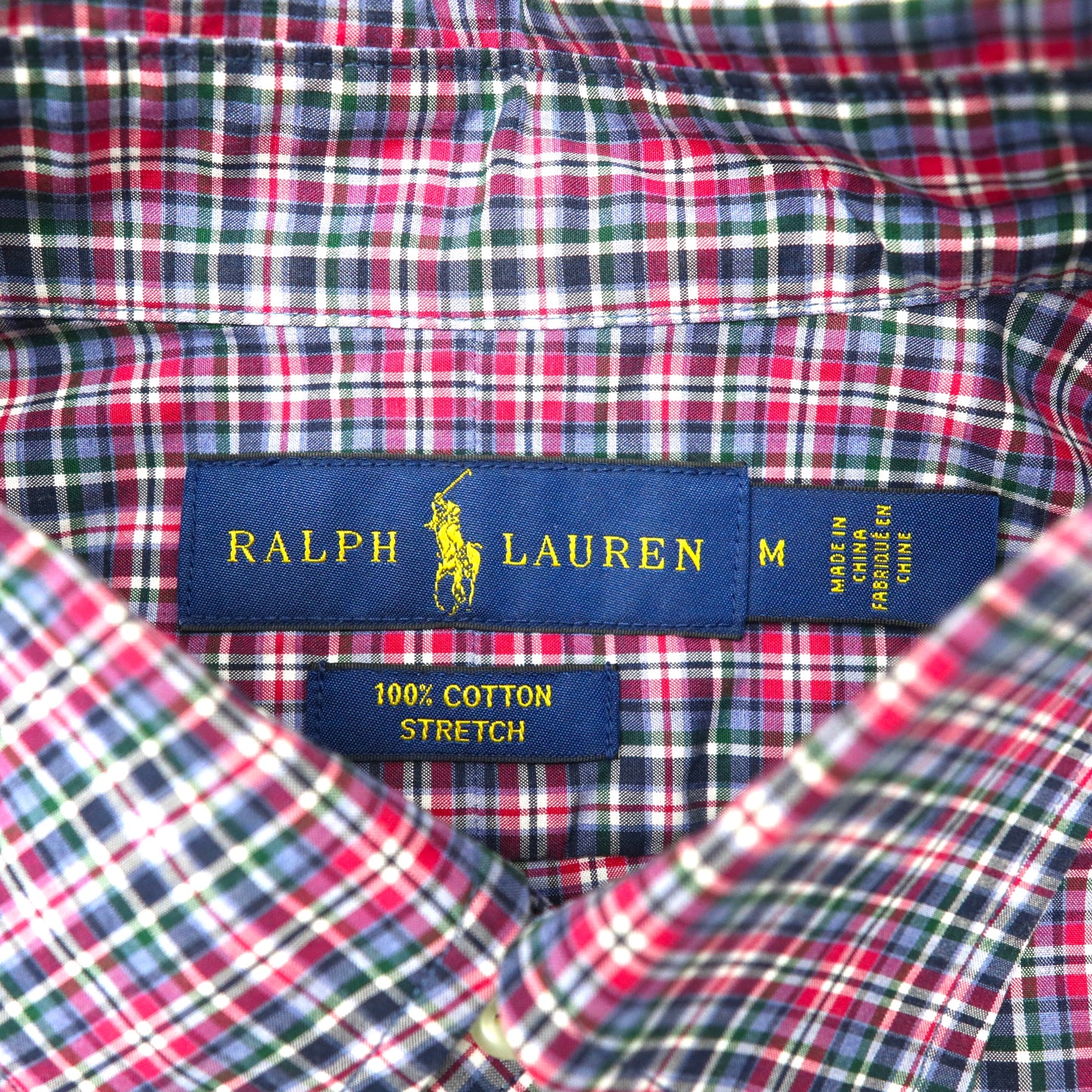 RALPH LAUREN ボタンダウンシャツ M ブルー レッド チェック コットン ストレッチ スモールポニー刺繍