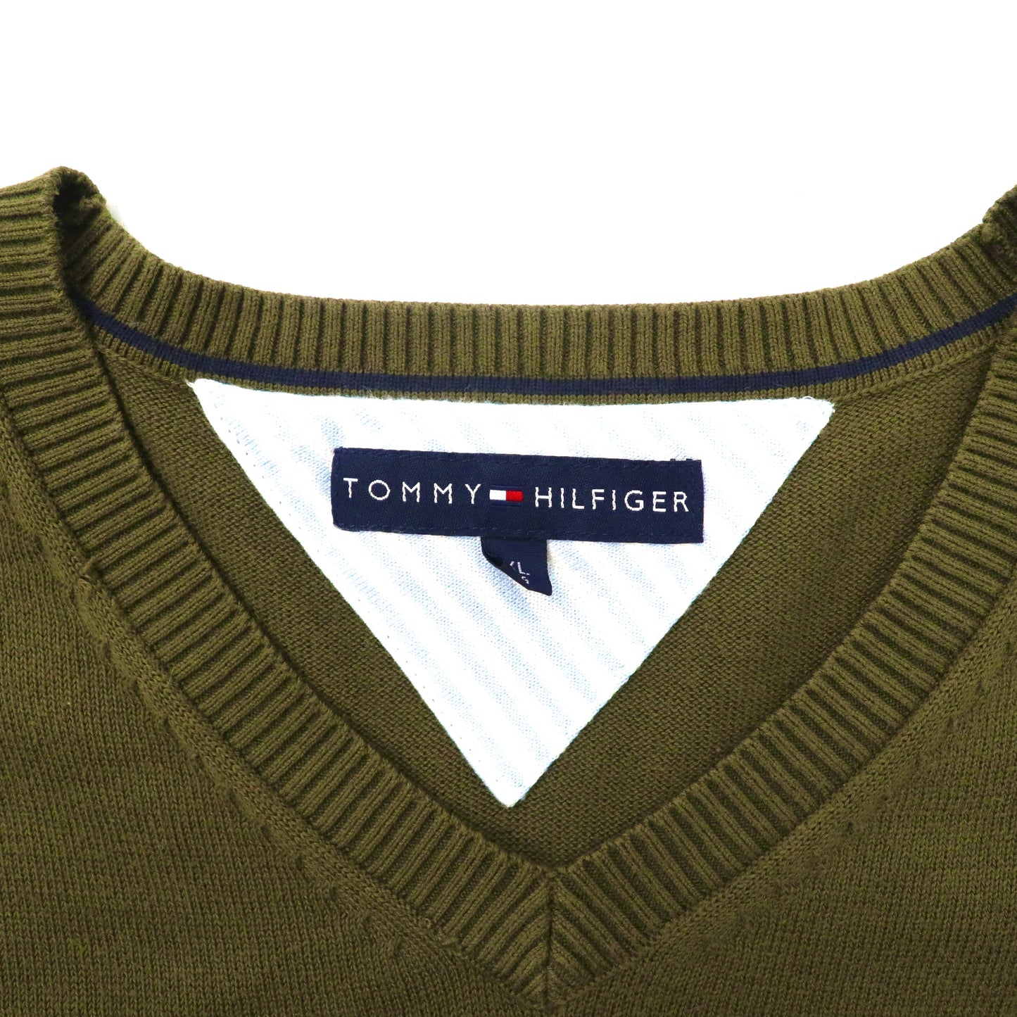 TOMMY HILFIGER Vネックニット セーター XL カーキ コットン ワンポイントロゴ ビッグサイズ