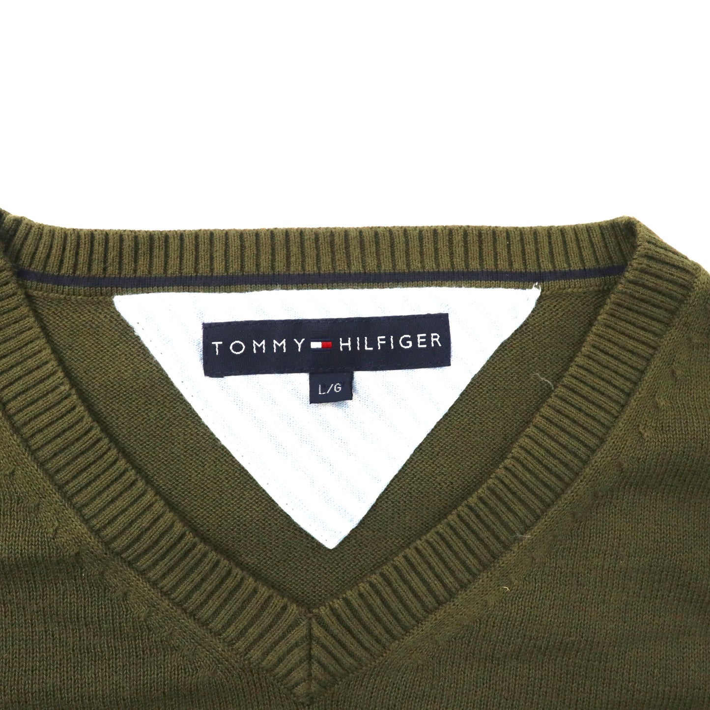 TOMMY HILFIGER Vネックニット セーター L カーキ コットン ワンポイントロゴ