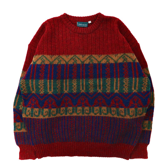 Jacquard Wool Sweater ジャガード 総柄 ニット セーター L レッド ウール DAVID MOSS COLLECTION 90年代