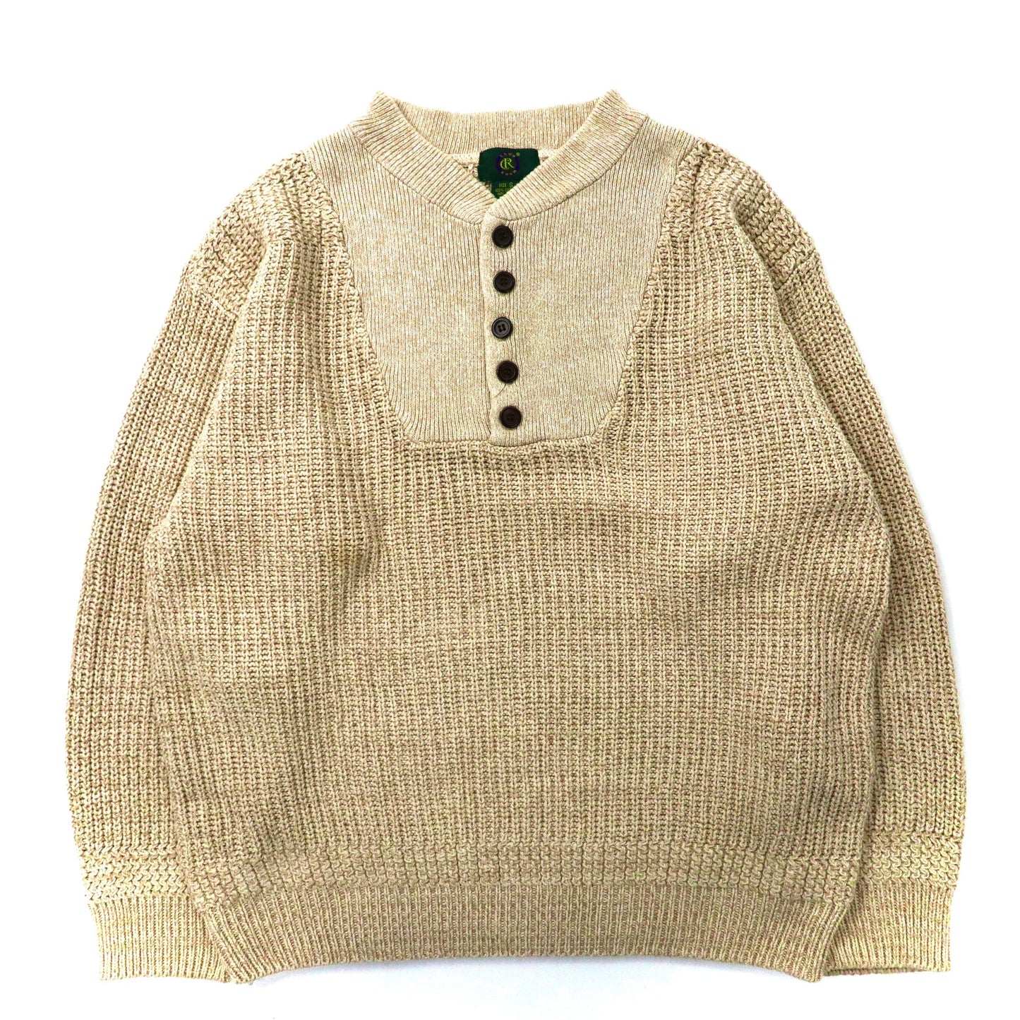 90's Henley Cotton Sweater ビッグサイズ ヘンリーネック リブ ニット セーター S ベージュ コットン CLUB ROOM 90年代