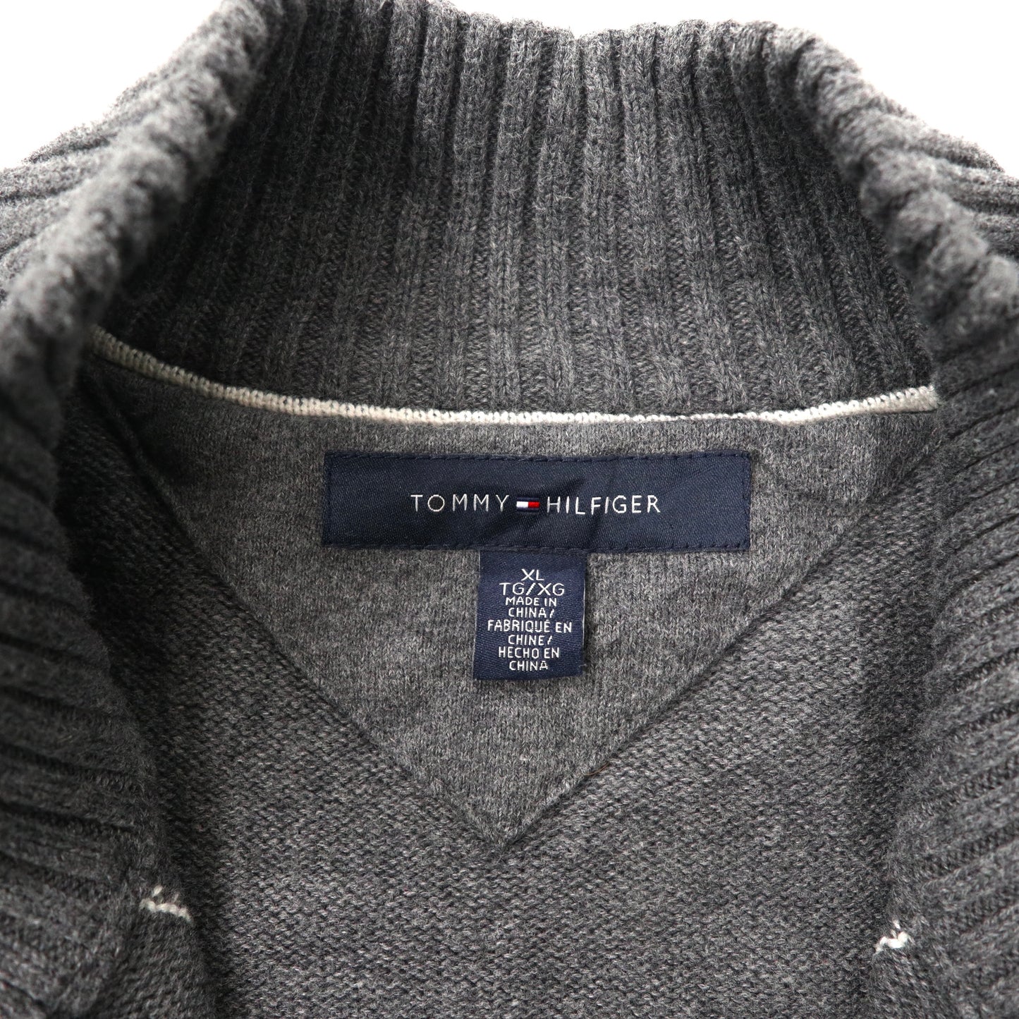 TOMMY HILFIGER フルジップ ニット セーター カーディガン XL グレー アーガイル コットン ワンポイントロゴ ビッグサイズ