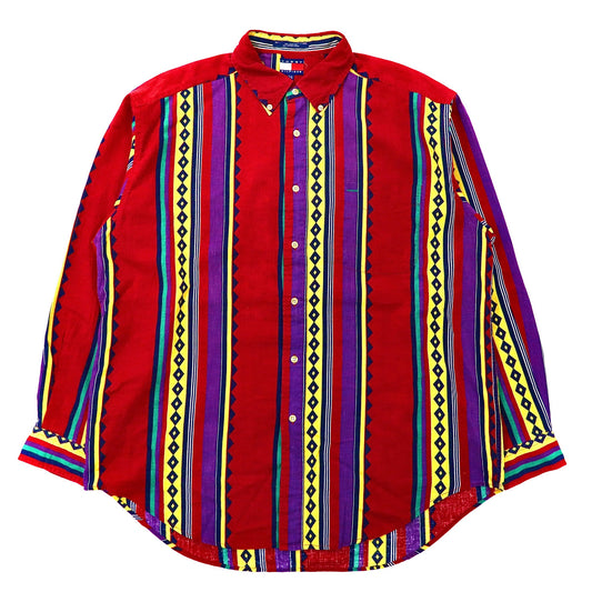 TOMMY HILFIGER 総柄 ボタンダウンシャツ L レッド リネン ネイティブ柄 ビッグサイズ 90年代 スリランカ製