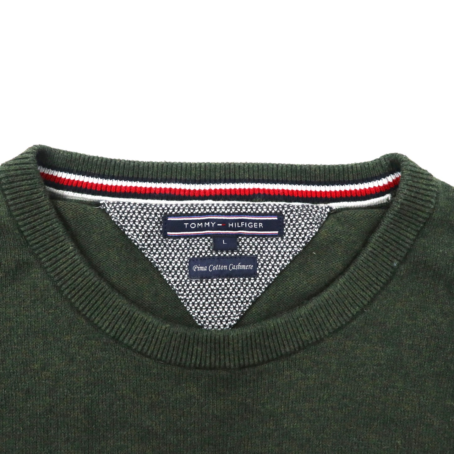 TOMMY HILFIGER カシミア ニット セーター L  カーキ プリマコットン カシミヤ混 ワンポイントロゴ