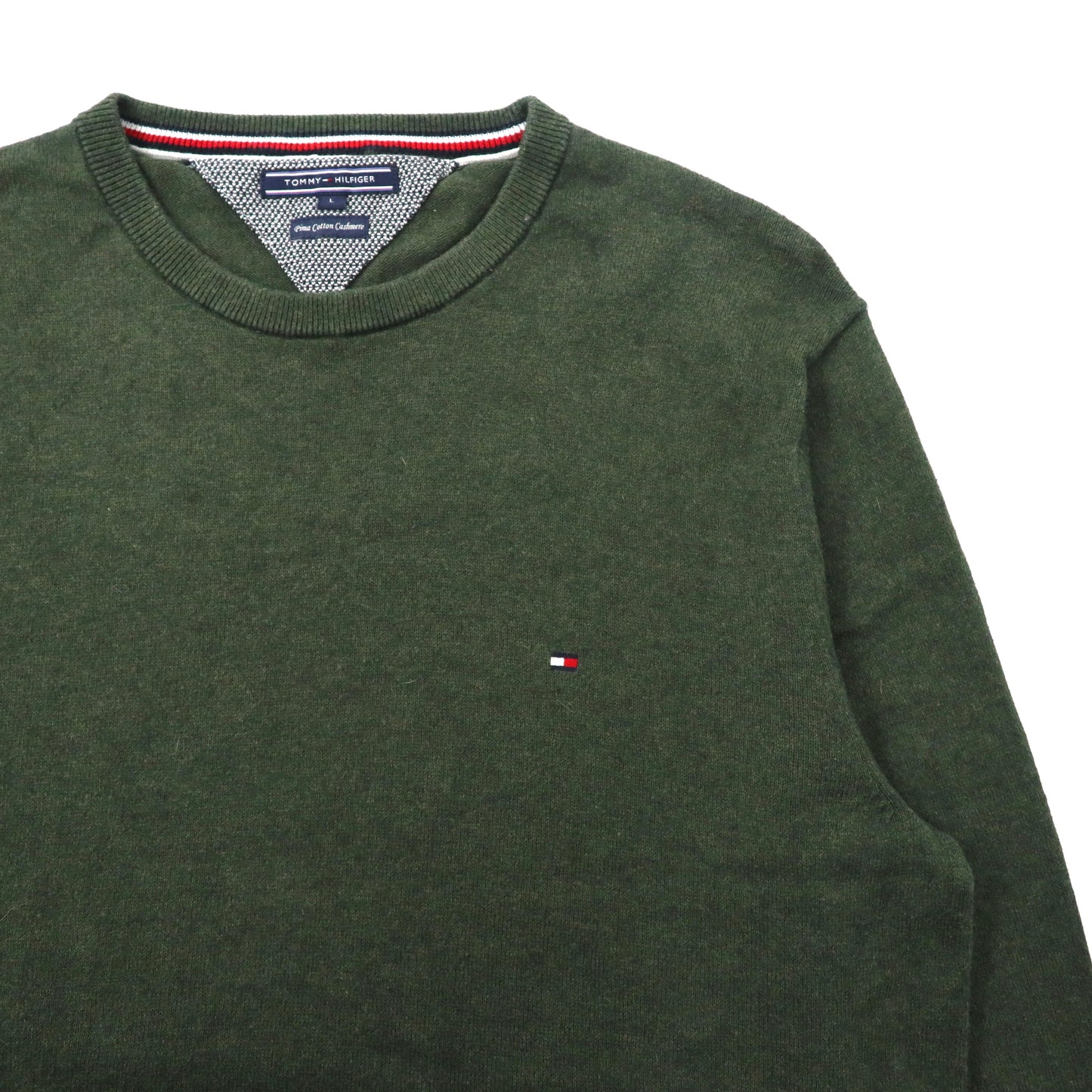 TOMMY HILFIGER カシミア ニット セーター L  カーキ プリマコットン カシミヤ混 ワンポイントロゴ