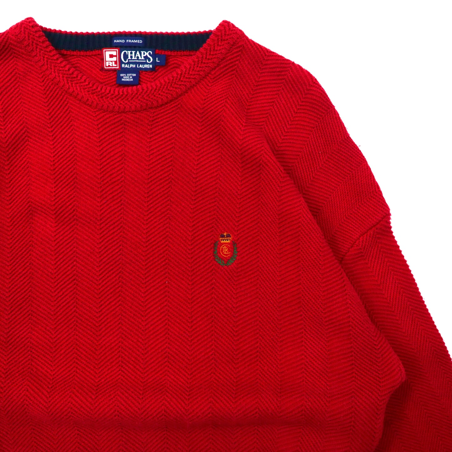 CHAPS RALPH LAUREN ヘリンボーン ニット セーター L レッド コットン HAND FRAMED ワンポイントロゴ 刺繍 ビッグサイズ 90年代