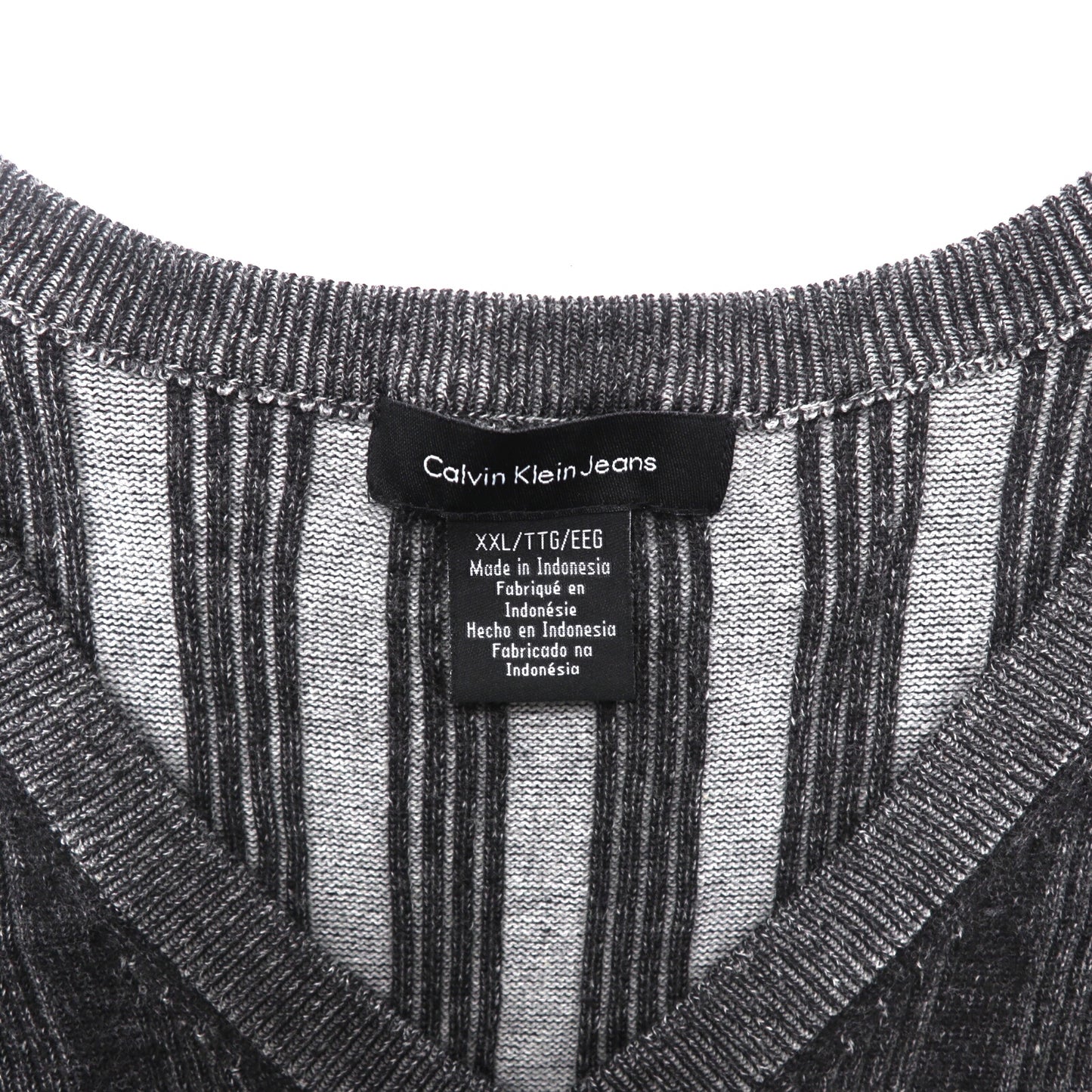 Calvin Klein Jeans Vネックニットセーター XXL グレー ストライプ コットン ビッグサイズ