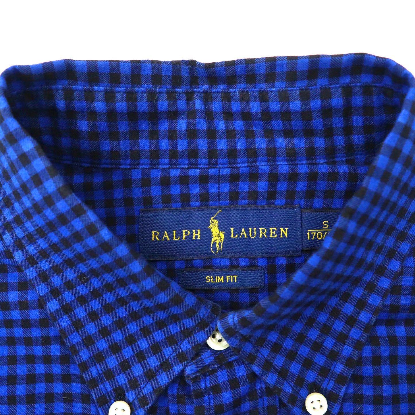 RALPH LAUREN ボタンダウンシャツ 170 ブルー チェック コットン SLIM FIT スモールポニー刺繍