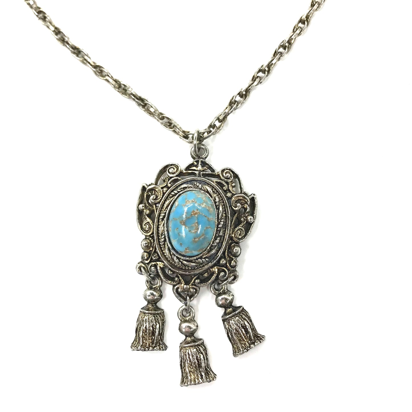 Vintage Indian Jewelry Necklace ヴィンテージ インディアンジュエリー ターコイズ マクラメ ネックレス ブルー シルバー チェーン