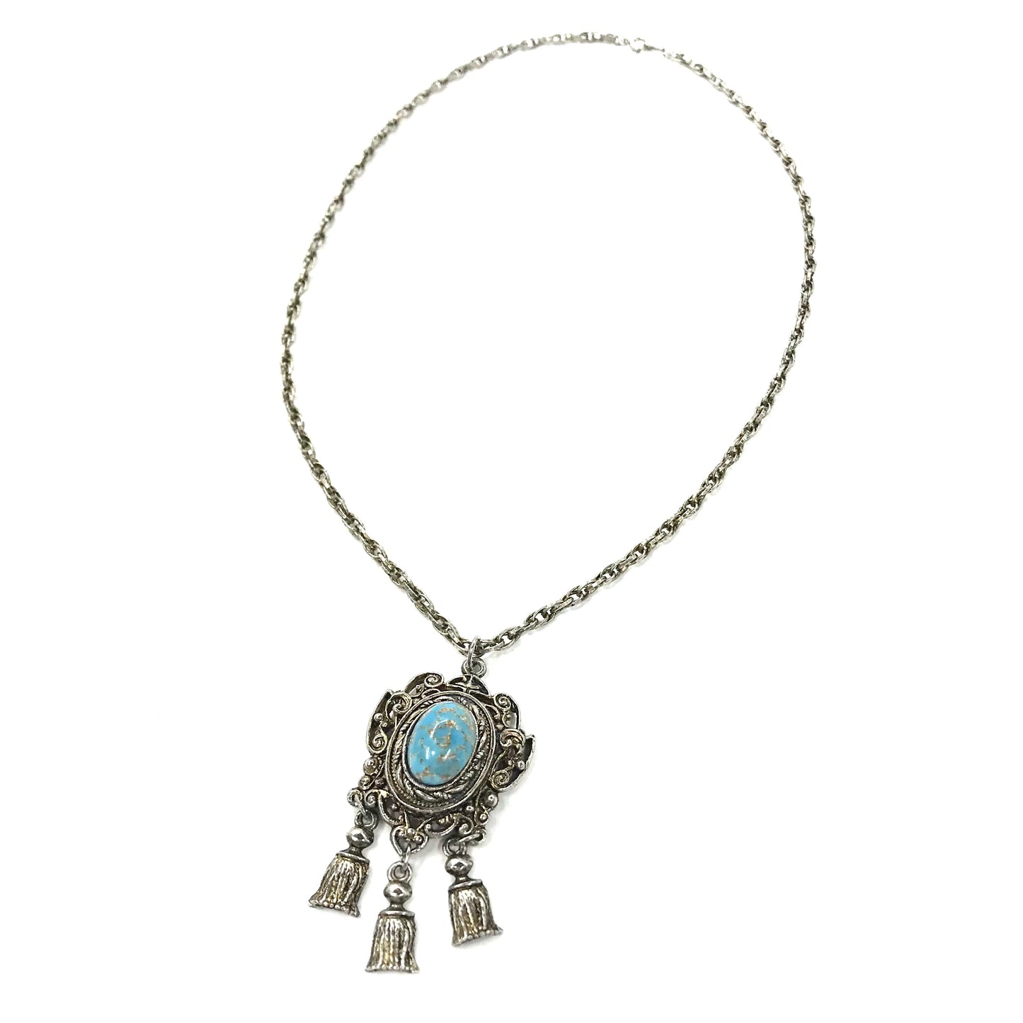 Vintage Indian Jewelry Necklace ヴィンテージ インディアンジュエリー ターコイズ マクラメ ネックレス ブルー シルバー チェーン