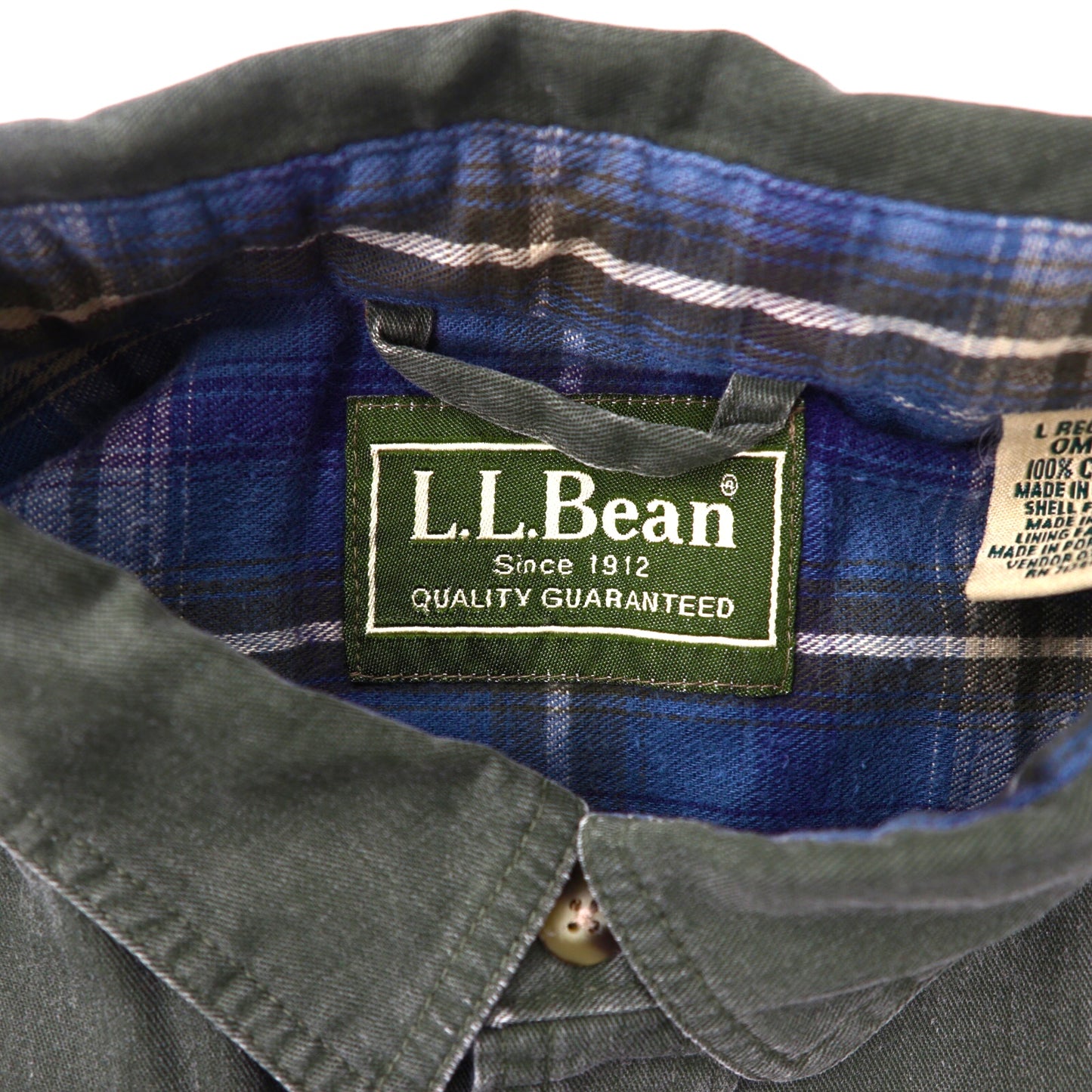 L.L.Bean ワークシャツ L カーキ コットン チェック裏地 ビッグサイズ カナダ製