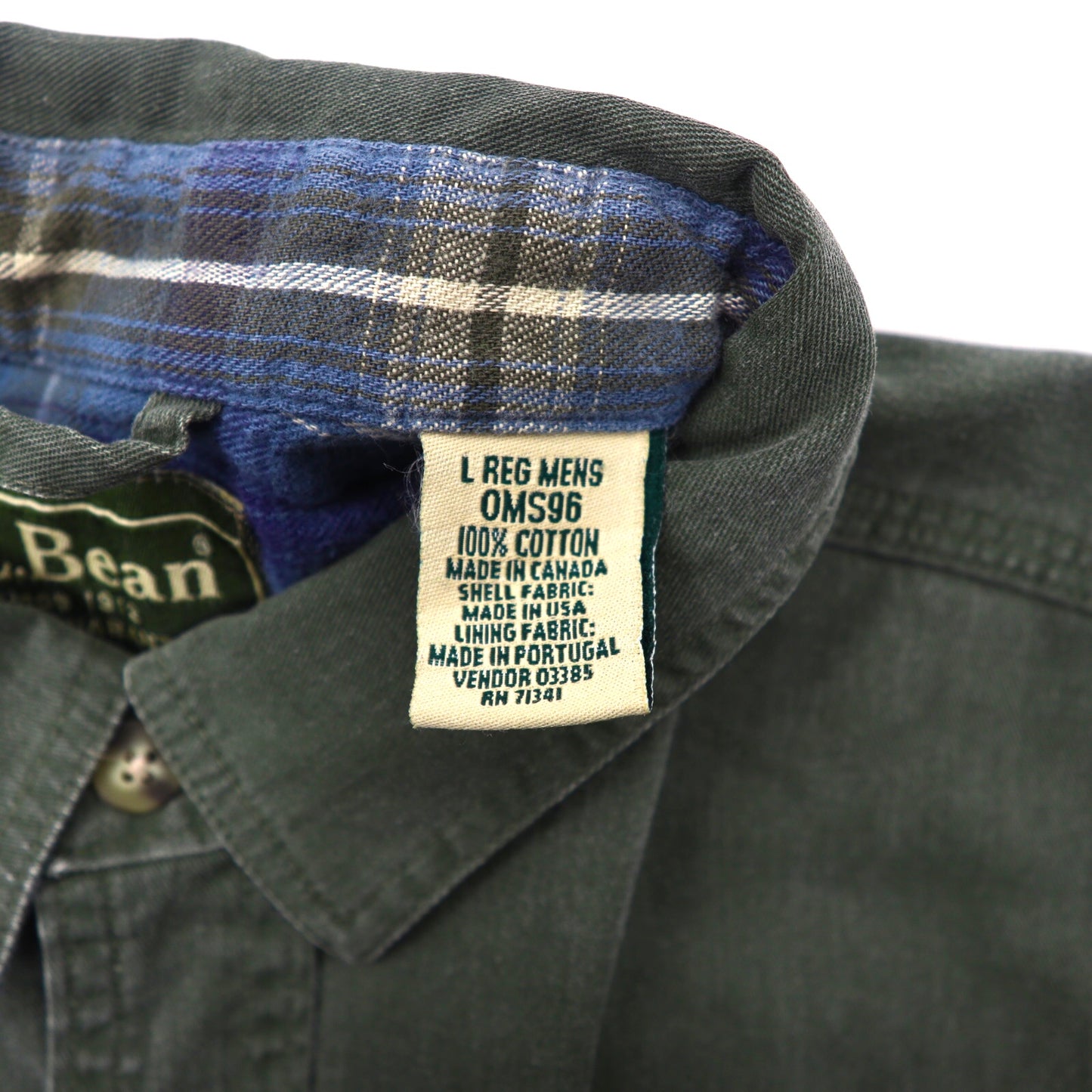 L.L.Bean ワークシャツ L カーキ コットン チェック裏地 ビッグサイズ カナダ製