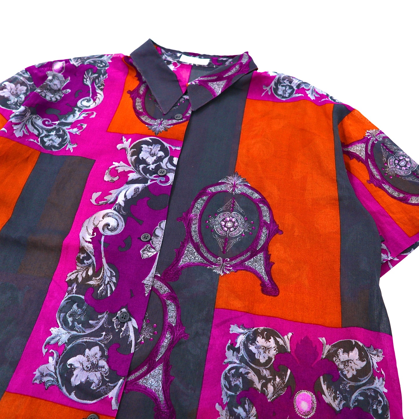 ROVETICA 半袖シースルーシャツ XL マルチカラー コットン 総柄 レトロ 日本製