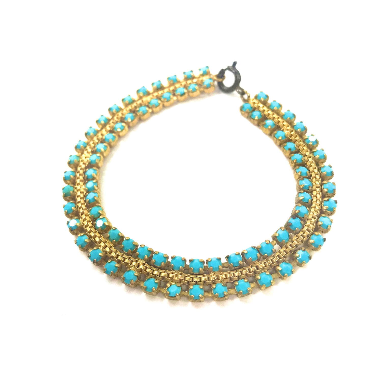 Vintage Turquoise Bracelet ターコイズ ブレスレット ゴールド ブルー ラインストーン