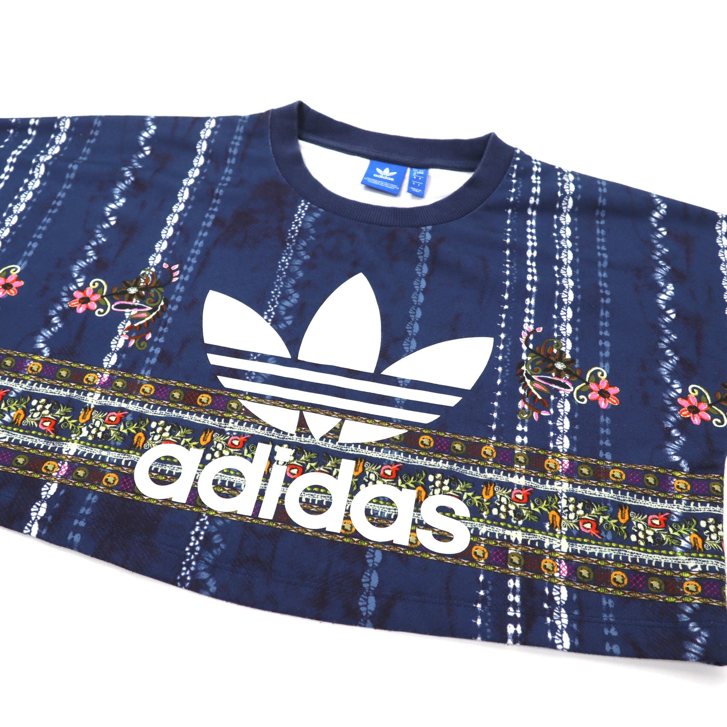 adidas originals クロップドスウェット M ネイビー ポリエステル 総柄 トレフォイルロゴ AY6896