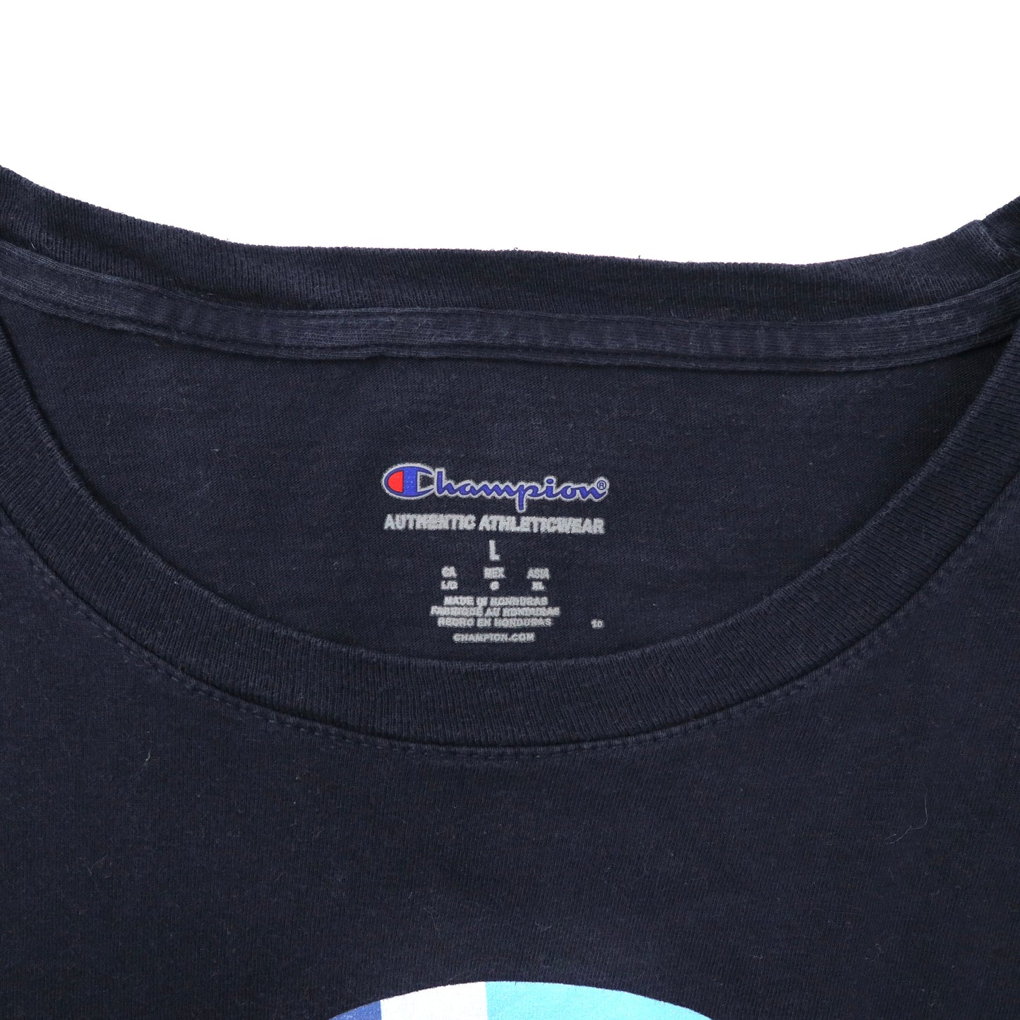 Champion ビッグロゴプリントTシャツ XL ネイビー コットン スクリプトロゴ ホンジュラス製