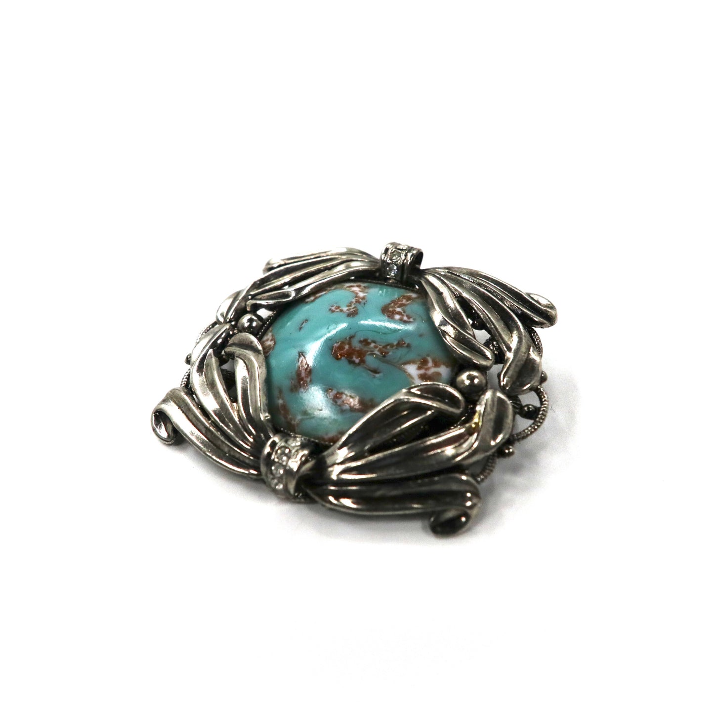 Vintage Turquoise Brooch ターコイズ ブローチ ブルー シルバー レトロ リボンモチーフ